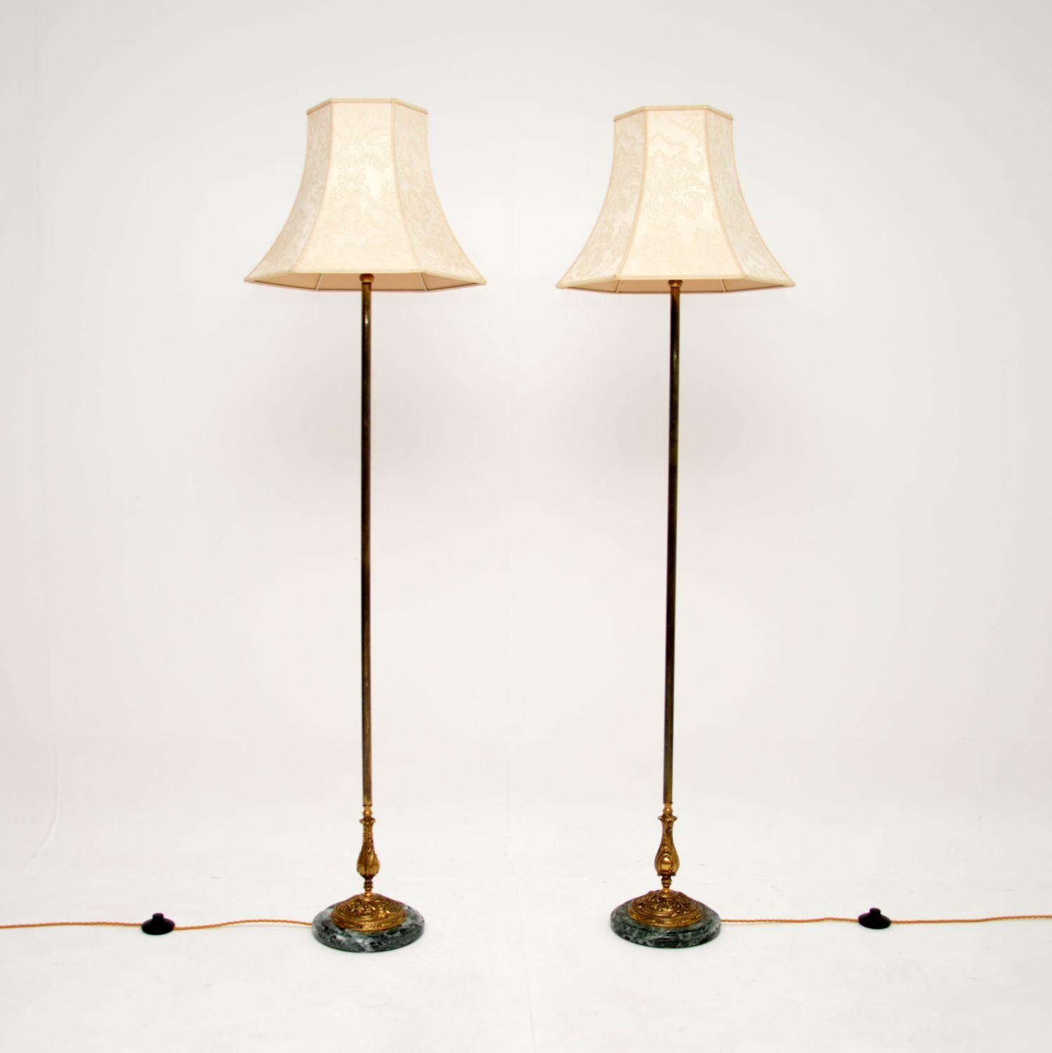 
A stunning pair of antique French floor lamps in solid brass with beautiful green marble bases. They date from around the 1920-30’s.

They are of lovely quality, with gorgeous details to the brass work and stunning colour tones on the marble bases.