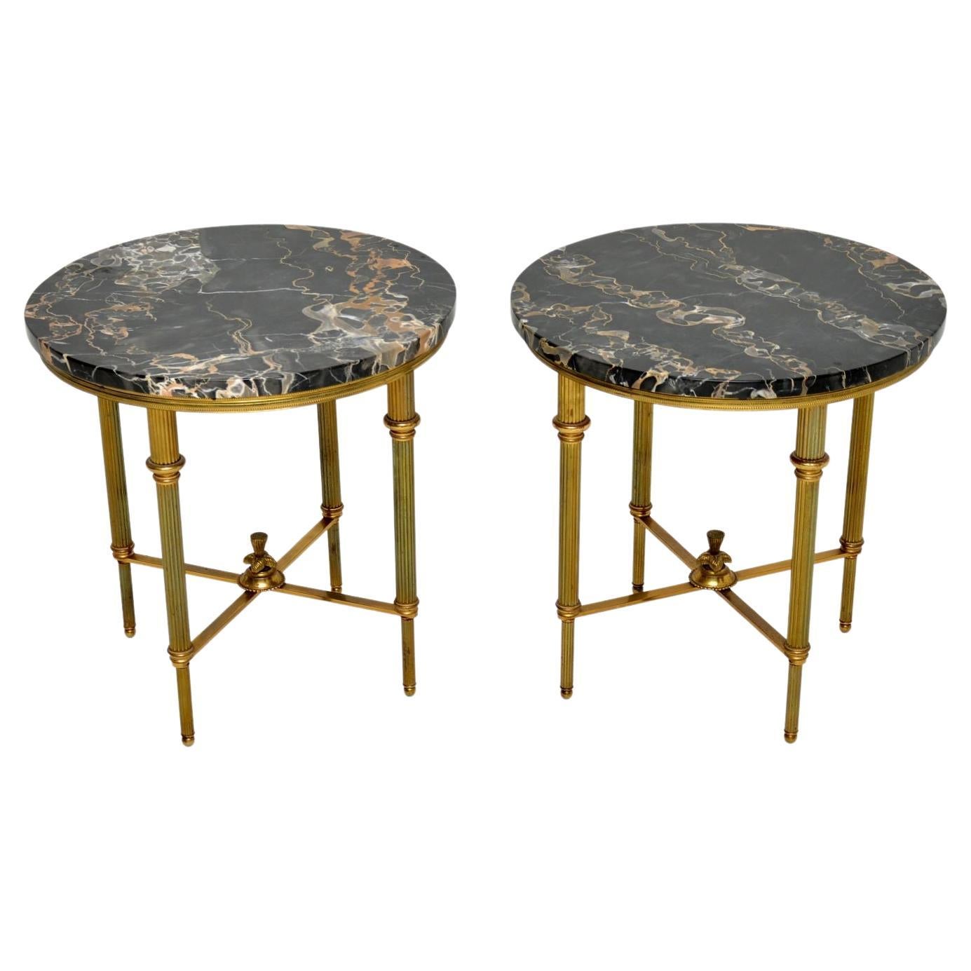 Pair of French KidneyShaped MarbleTop Side Tables with Brass Gallery