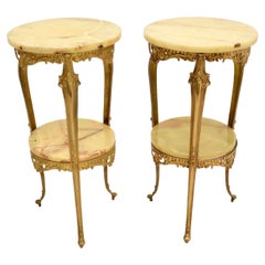 Pair of Antique French Brass & Onyx Side Tables