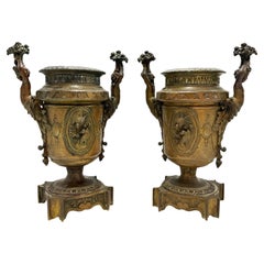 Pair of Antique French Bronze 19th Century Putti Garden Planters
