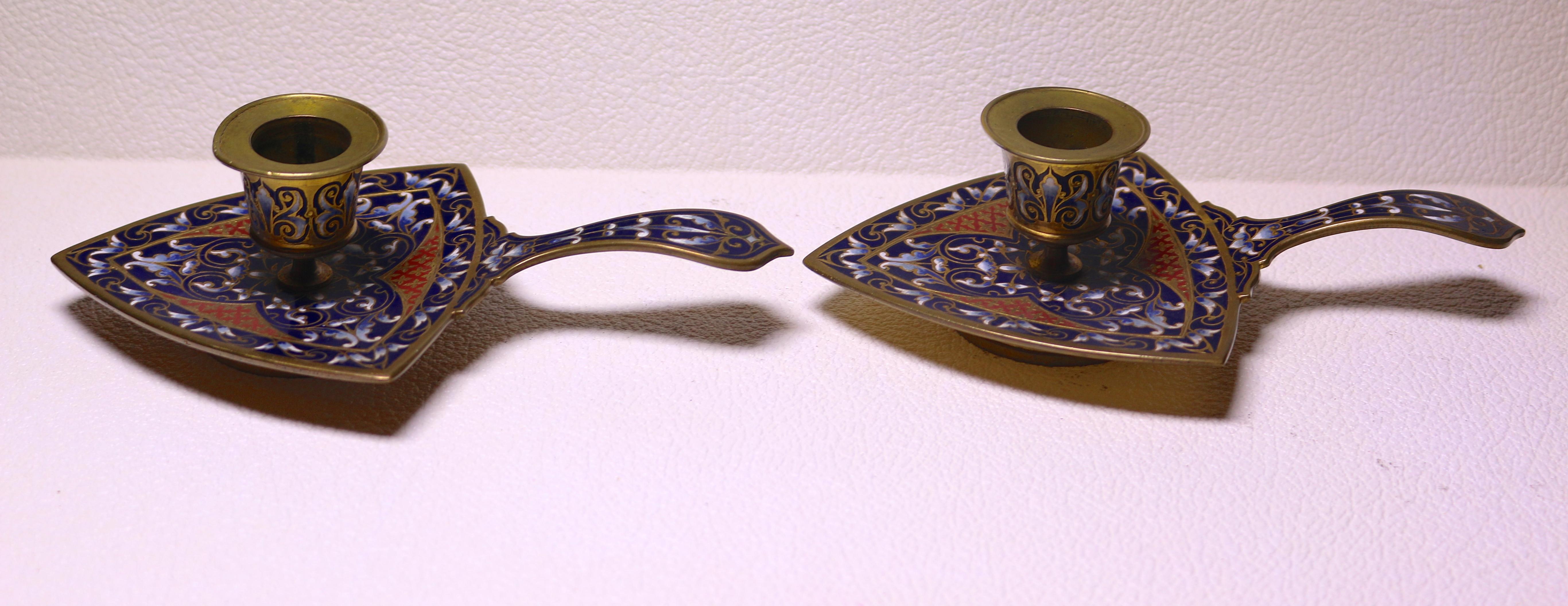 Empire Pair of antique French Bronze and Champleve Enamel Candlesticks For Sale