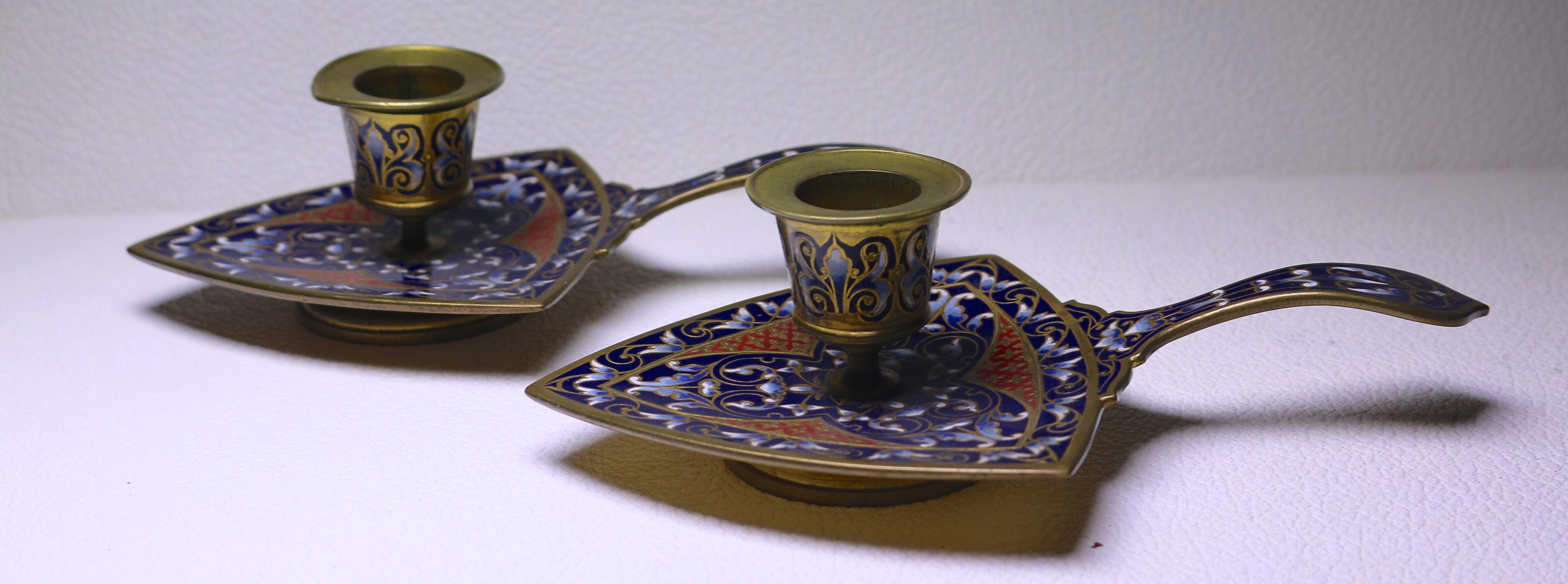 19th Century Pair of antique French Bronze and Champleve Enamel Candlesticks For Sale