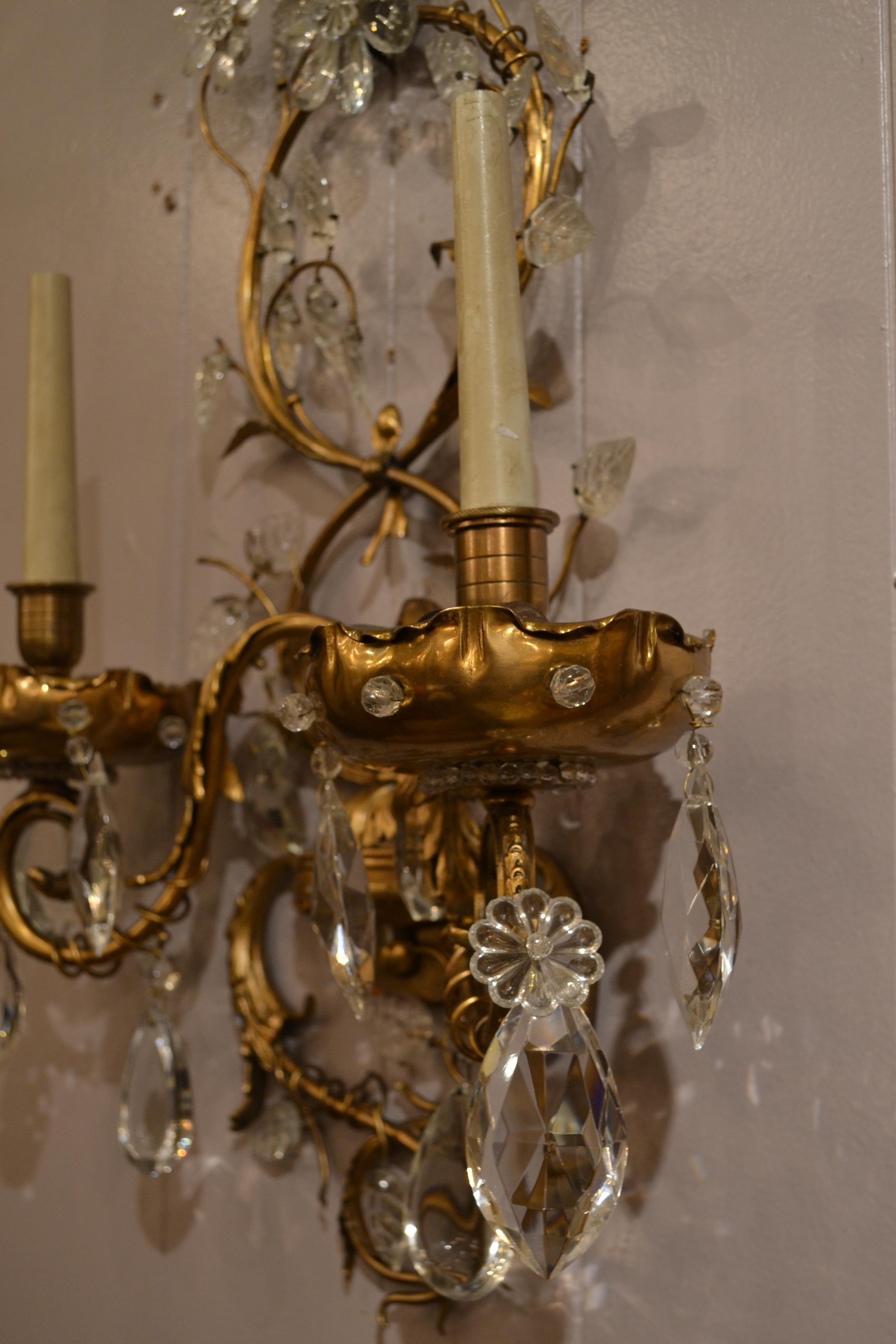 20th Century Pair of Antique French Bronze and Crystal Sconces For Sale