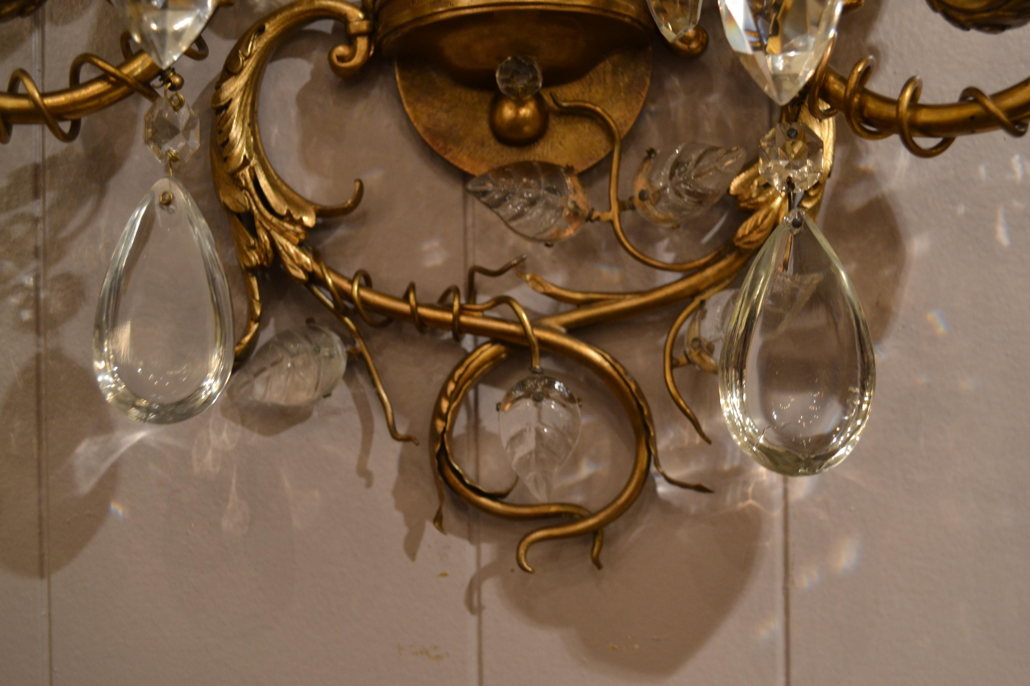 Pair of Antique French Bronze and Crystal Sconces For Sale 2