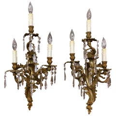 Pair of Antique French Bronze and Crystal Wall Sconces, circa 1890