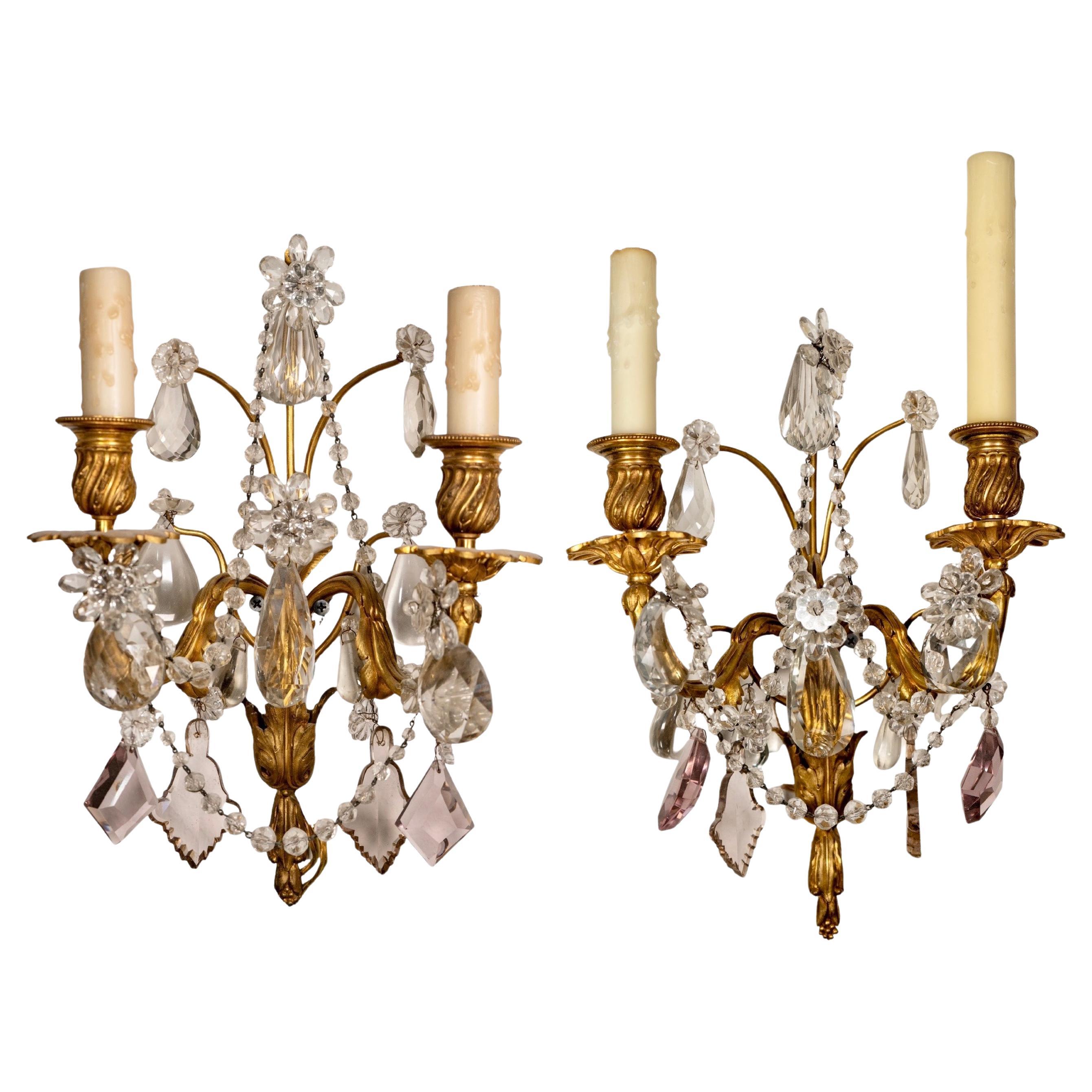 Pair of Antique French Bronze and Crystal Wall Sconces