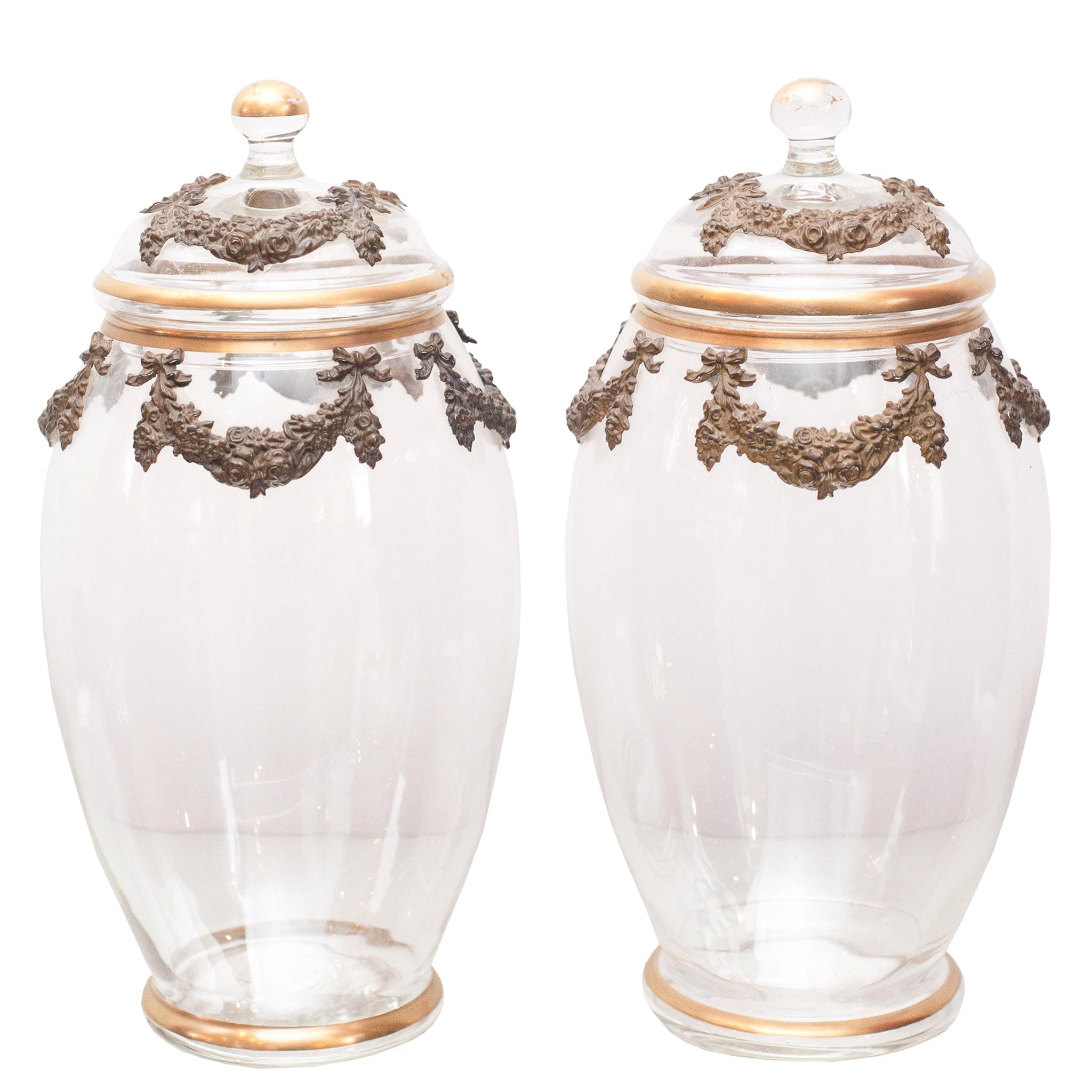 Pair of Antique French Bronze and Glass Cookie Jars