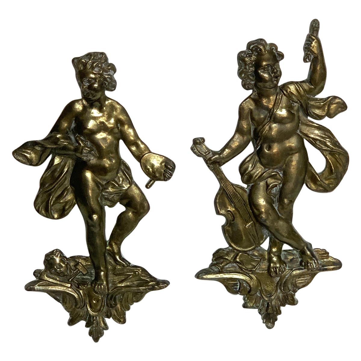 Pair of Antique French Bronze Appliqués Depicting Art and Music