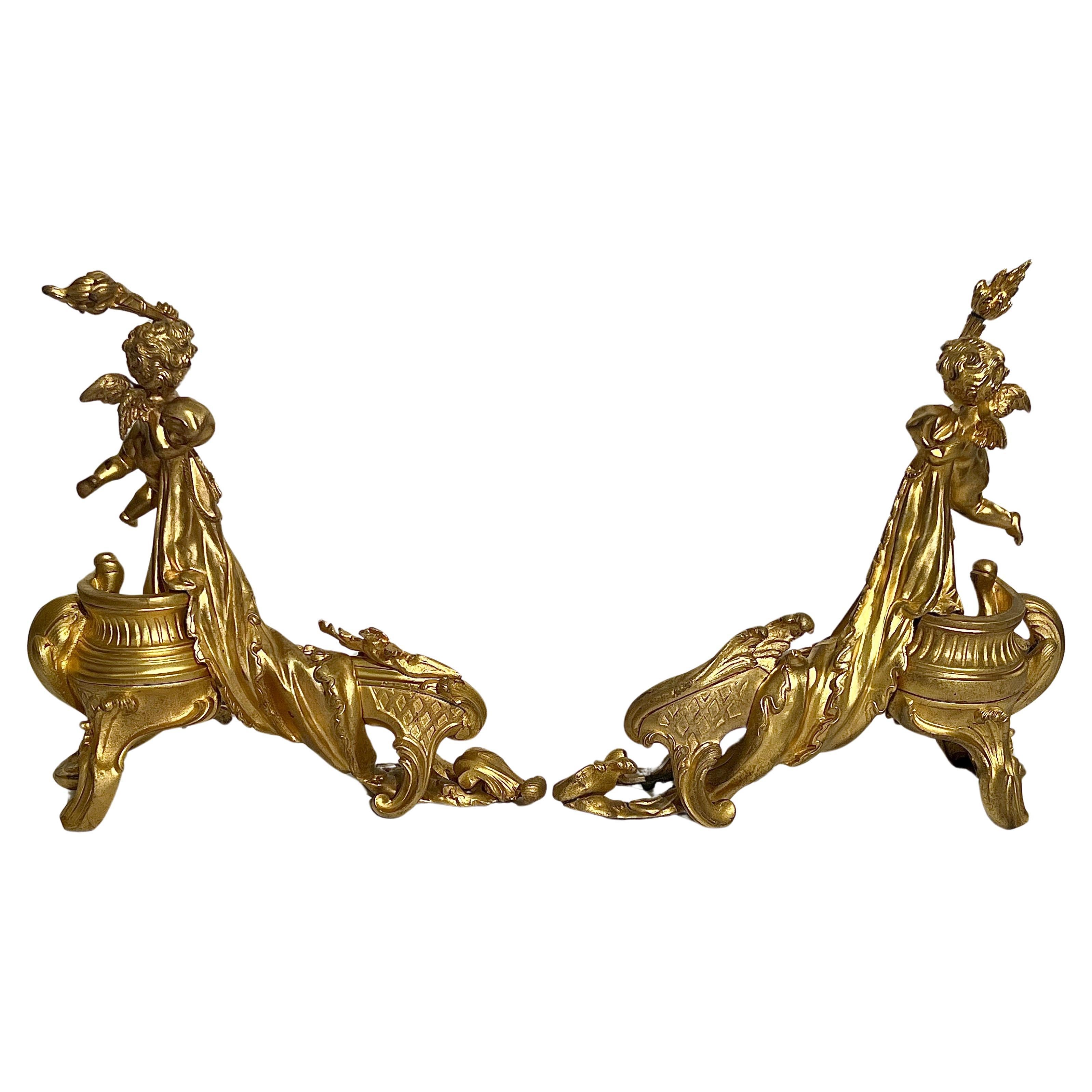 Pair of Antique French Bronze D' Ore Andirons with Cherubs, Circa 1870. In Good Condition For Sale In New Orleans, LA