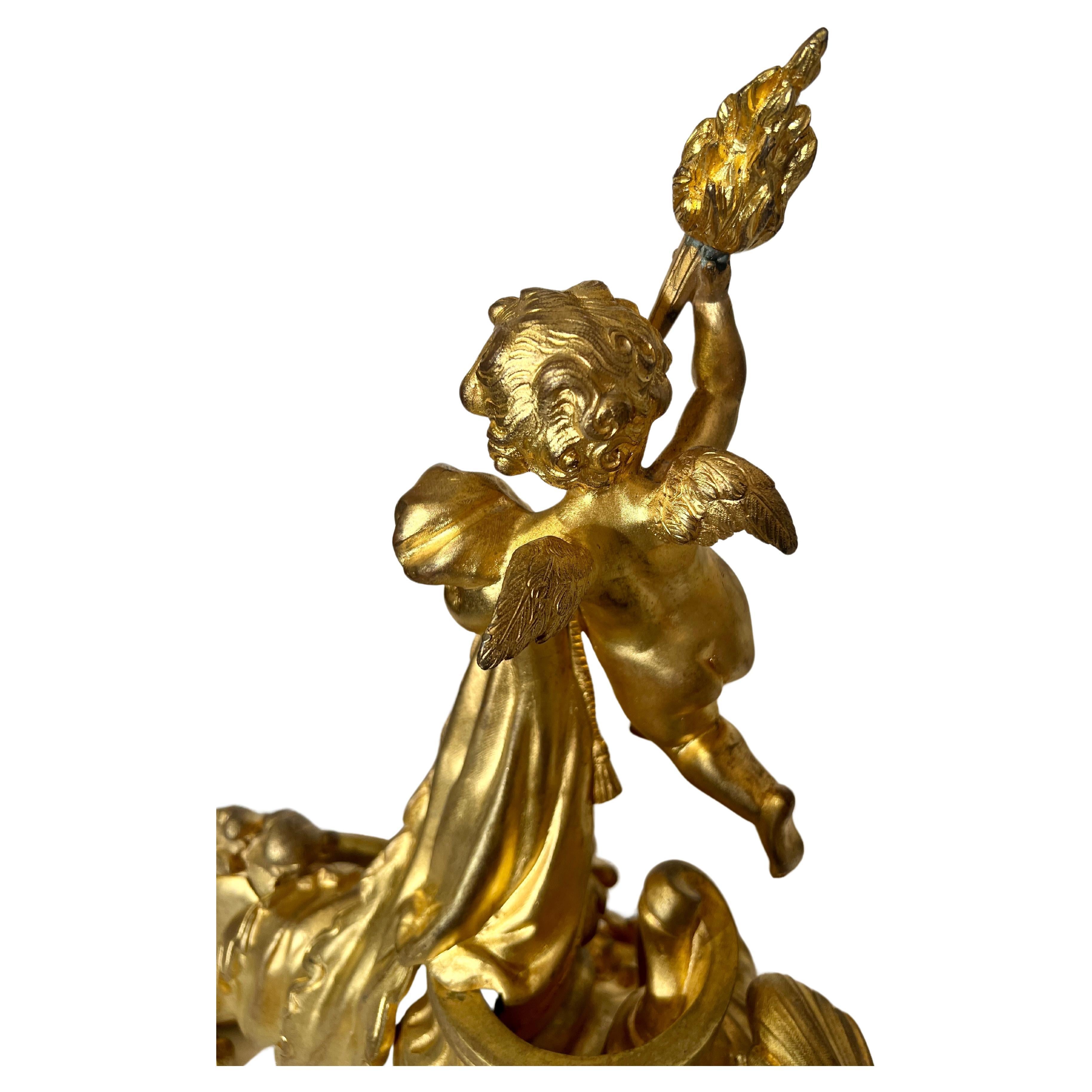 Pair of Antique French Bronze D' Ore Andirons with Cherubs, Circa 1870. For Sale 1