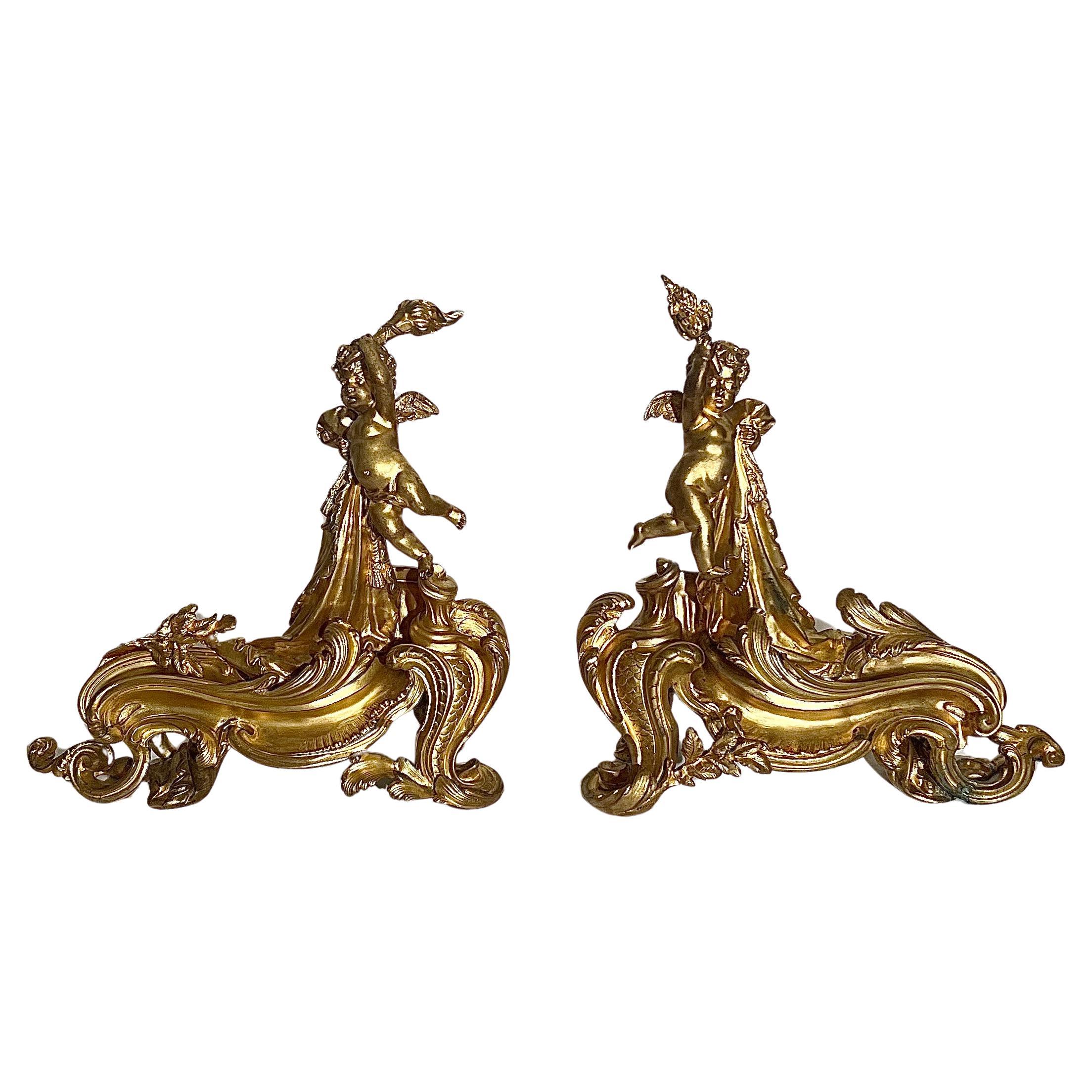 Pair of Antique French Bronze D' Ore Andirons with Cherubs, Circa 1870. For Sale