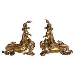 Pair of Antique French Bronze D' Ore Andirons with Cherubs, Circa 1870.