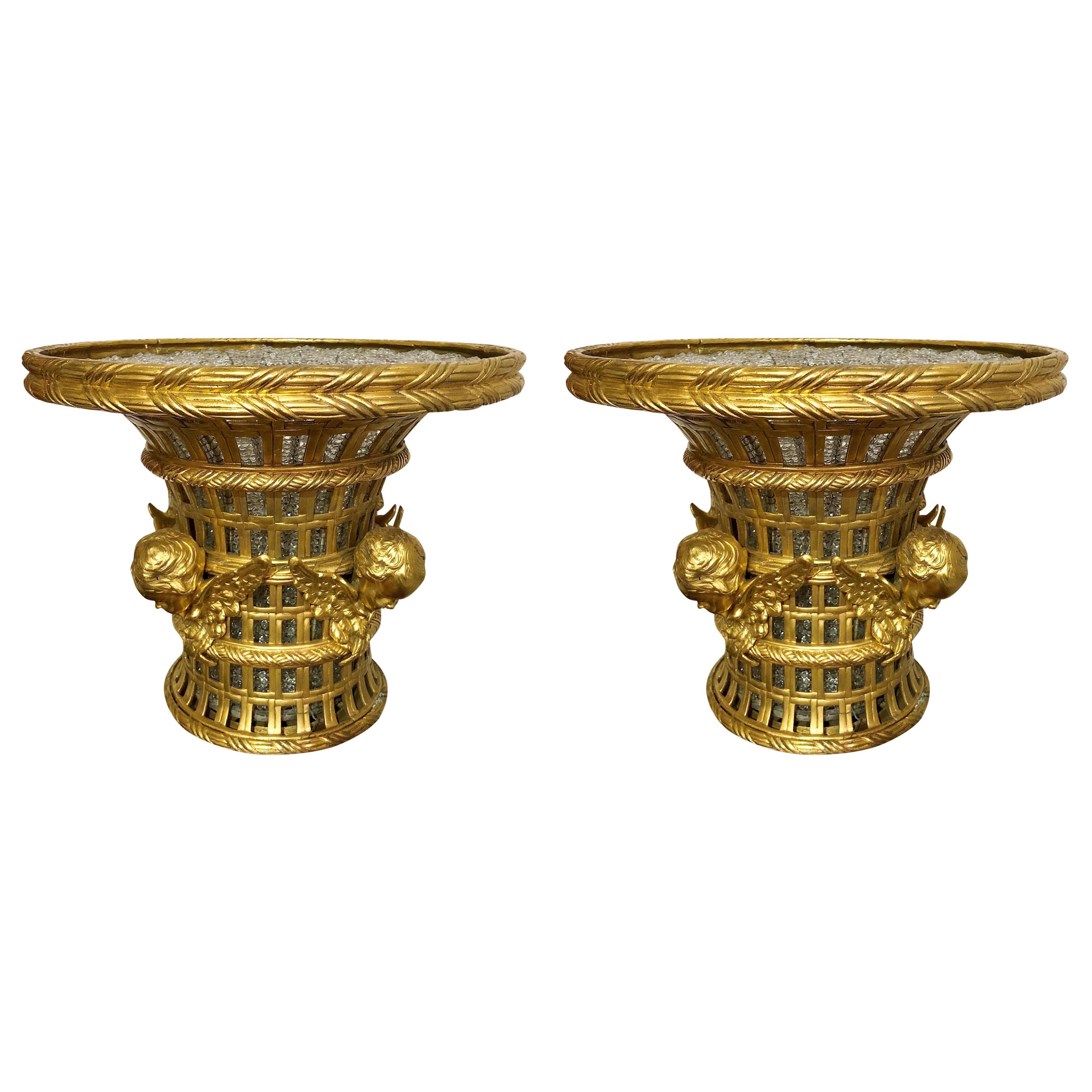 Pair of Antique French Bronze D'ore and Crystal Cachepots For Sale