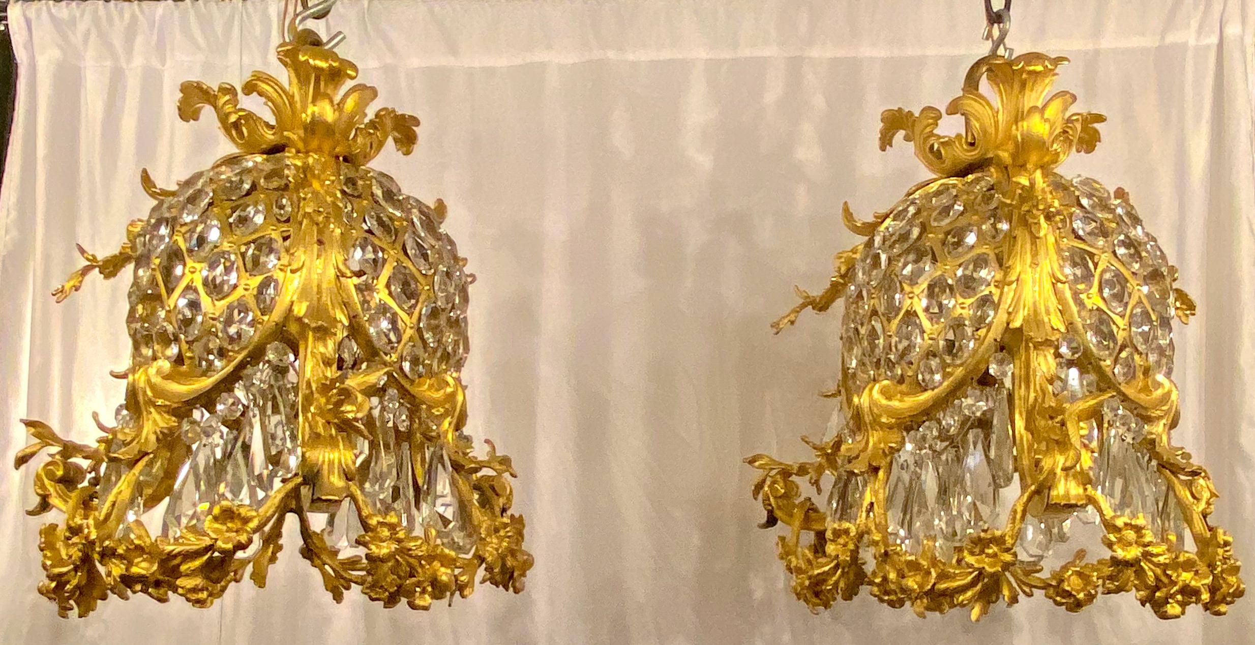 Late 19th Century Pair of Antique French Bronze Doré Baccarat Crystal Empress Eugenie Chandeliers