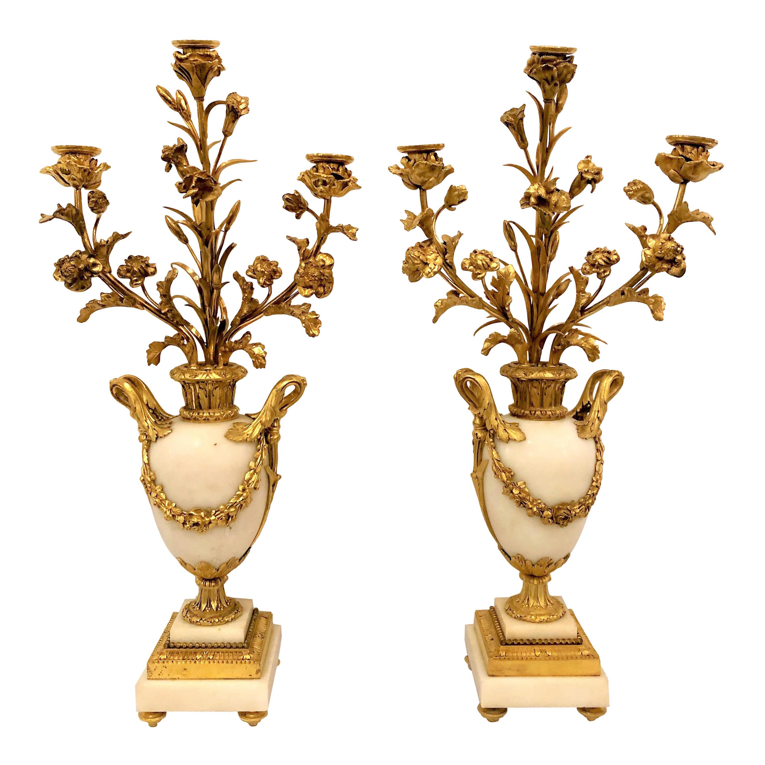 Pair of Antique French Bronze D'ore Carrara Marble Candelabra