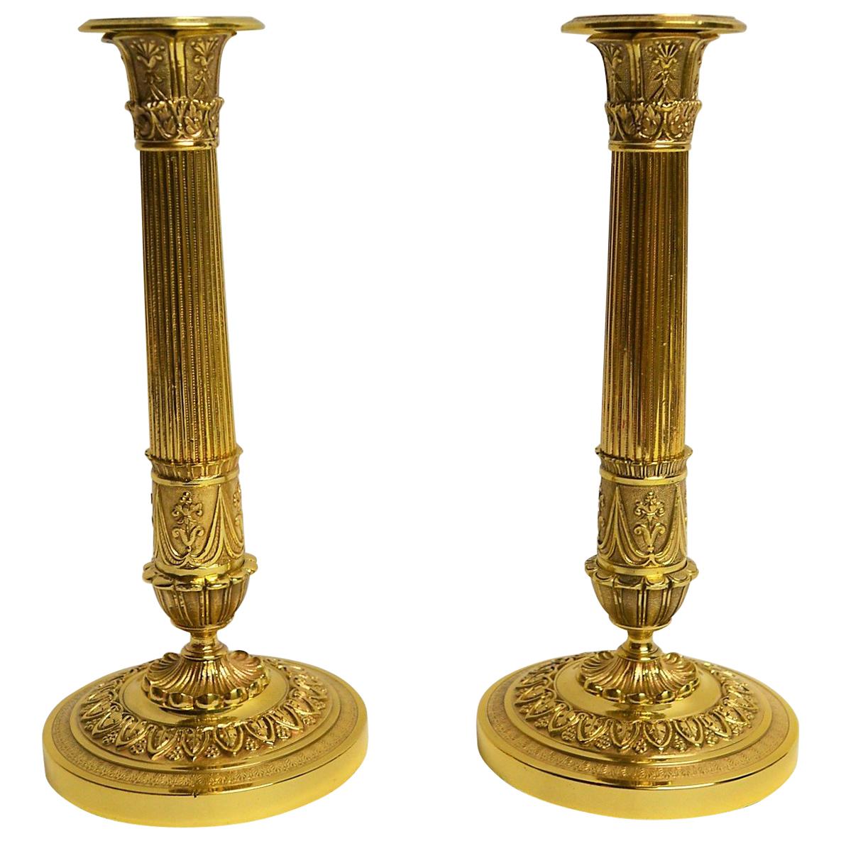 Pair of Antique French Bronze D'ore Restauration Candlesticks