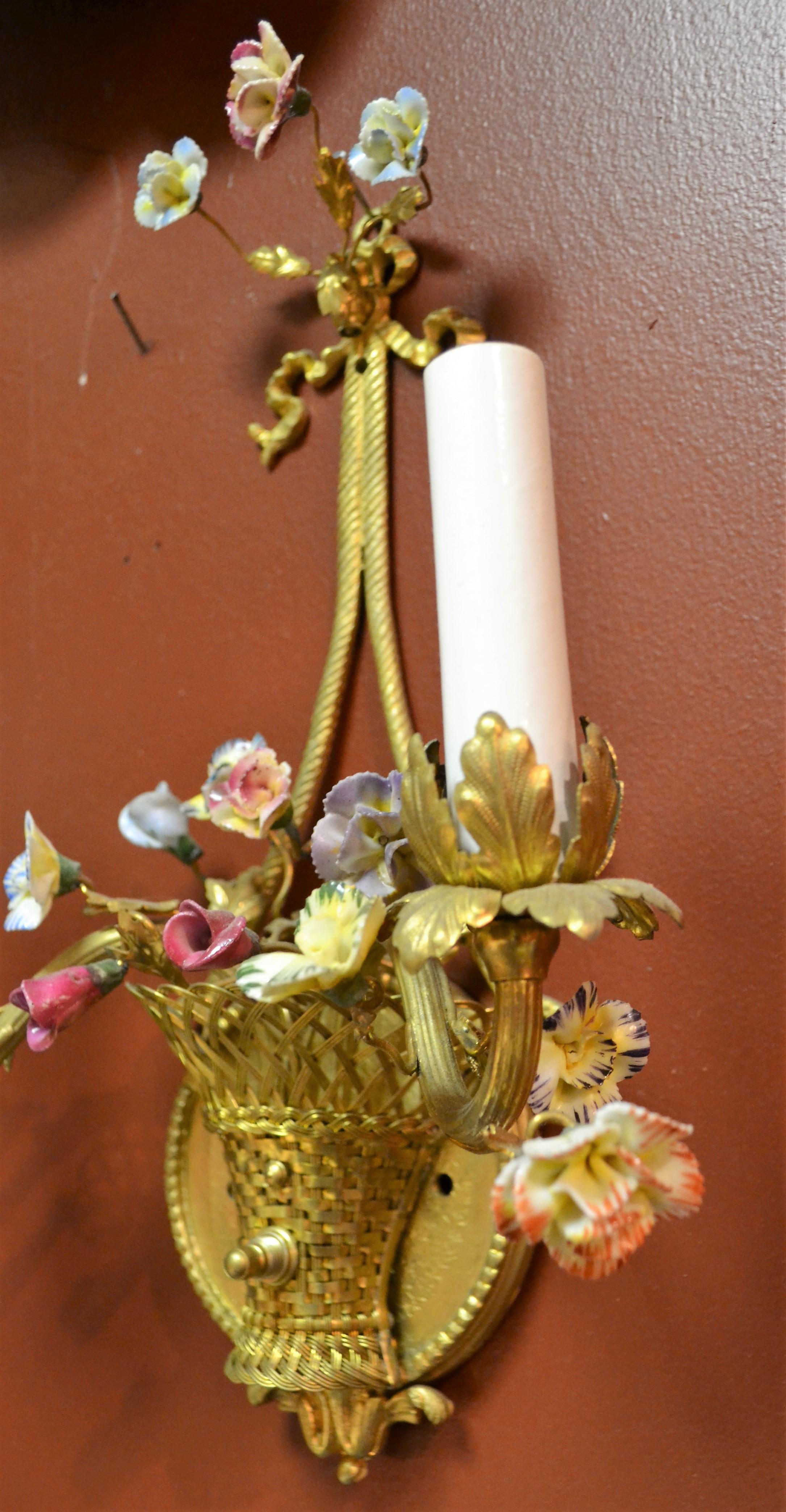 Pair of Antique French Bronze Doré Sconces with Porcelain Flowers 1