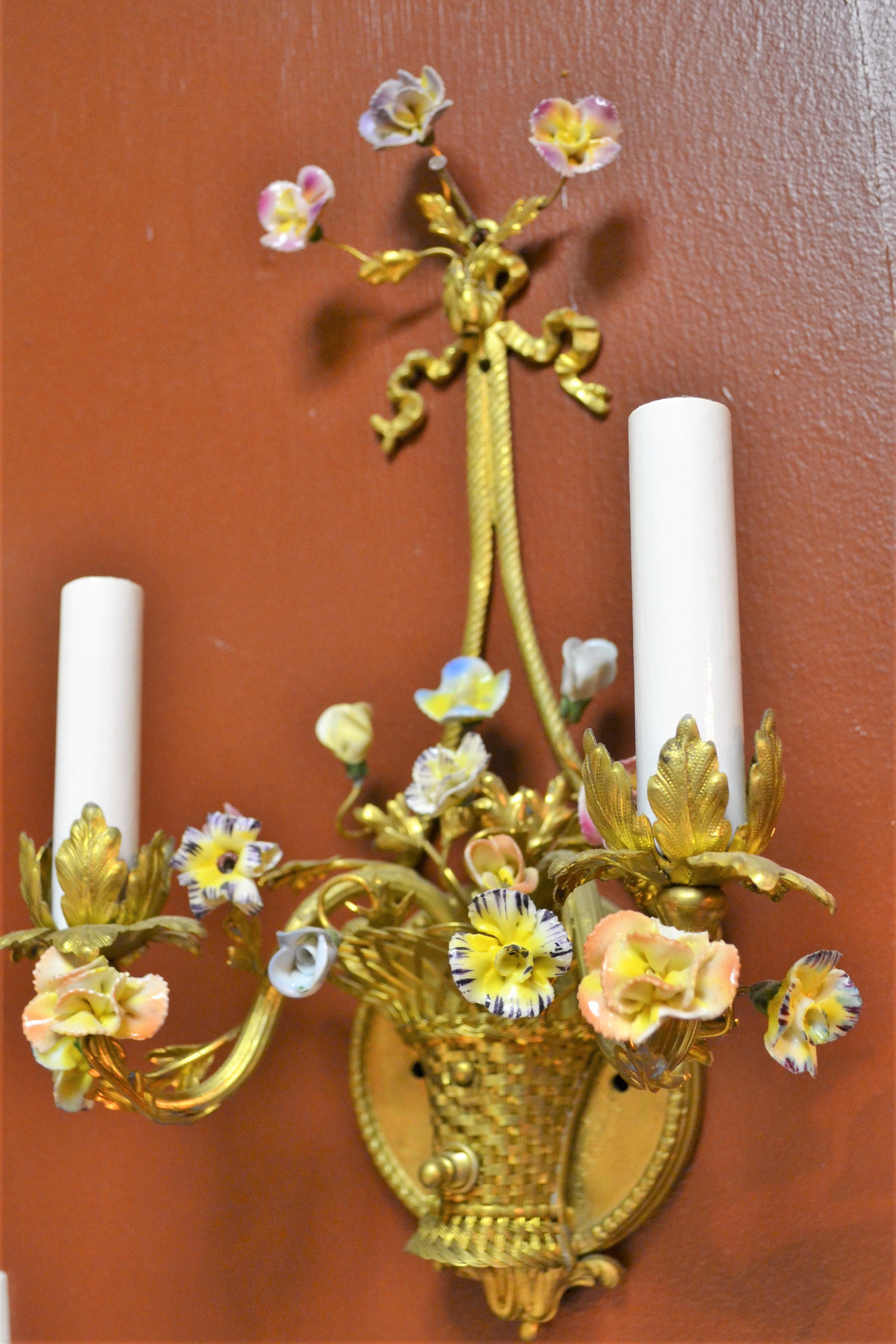 Pair of Antique French Bronze Doré Sconces with Porcelain Flowers 2