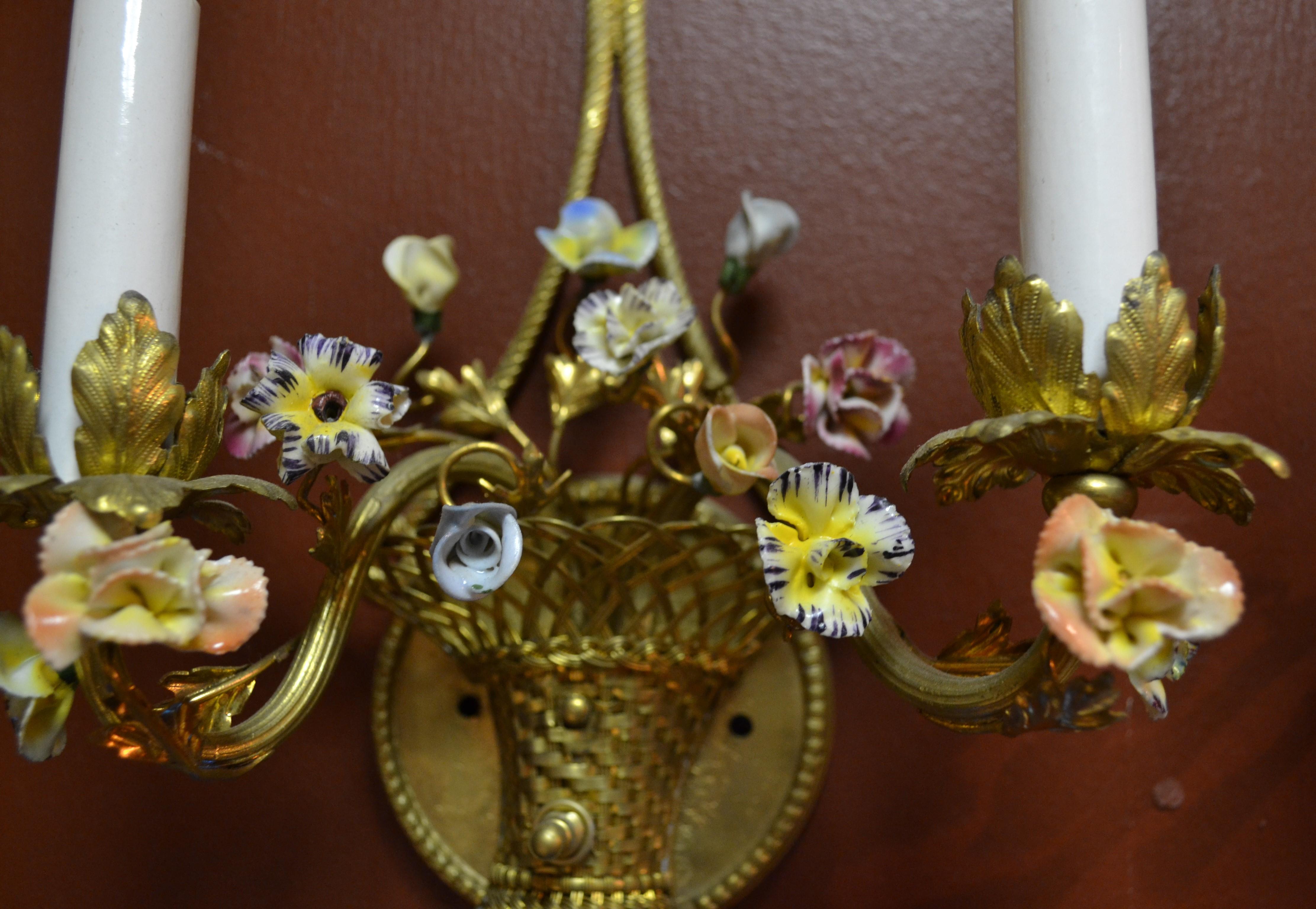 Pair of Antique French Bronze Doré Sconces with Porcelain Flowers 3