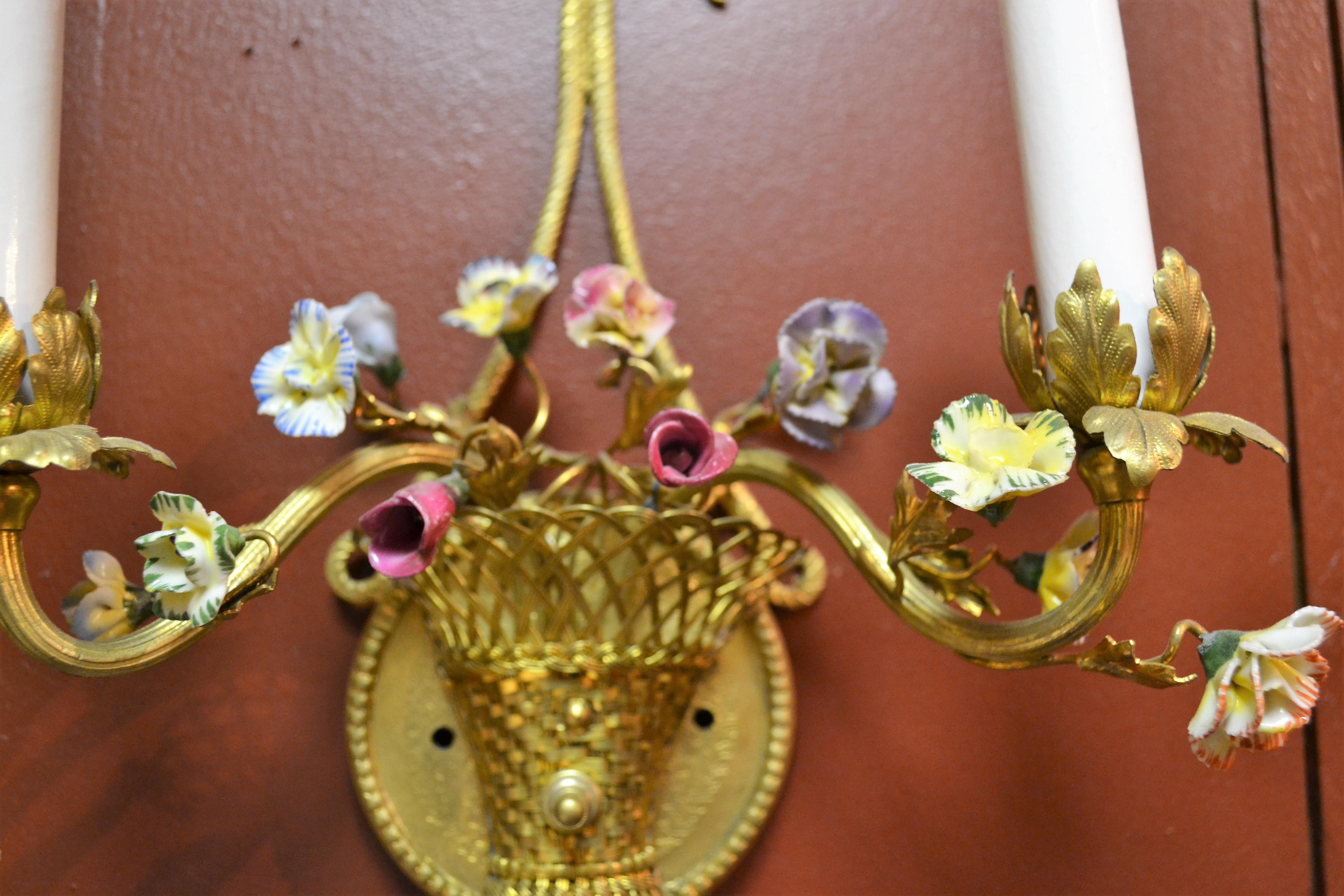 Pair of Antique French Bronze Doré Sconces with Porcelain Flowers 4