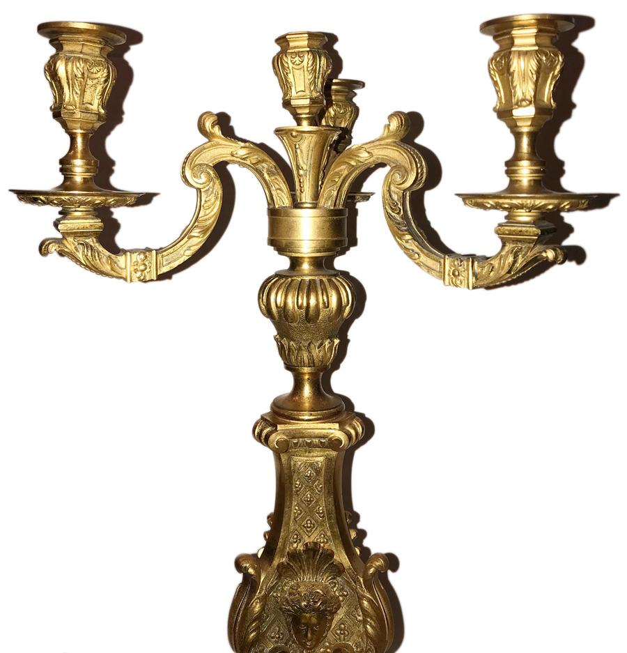Gilt Pair of Antique French Bronze Doreé Candelabra For Sale
