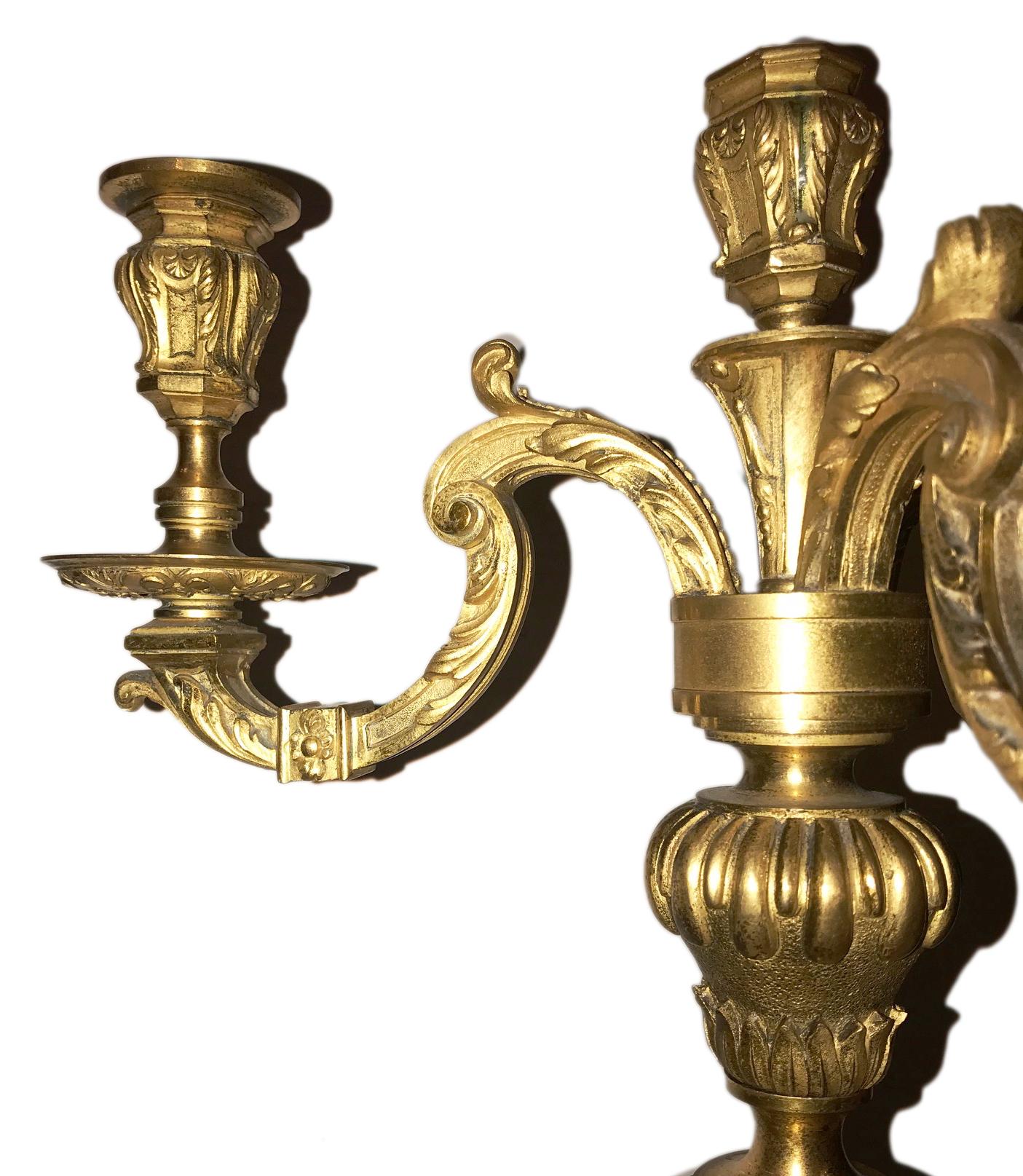 19th Century Pair of Antique French Bronze Doreé Candelabra For Sale