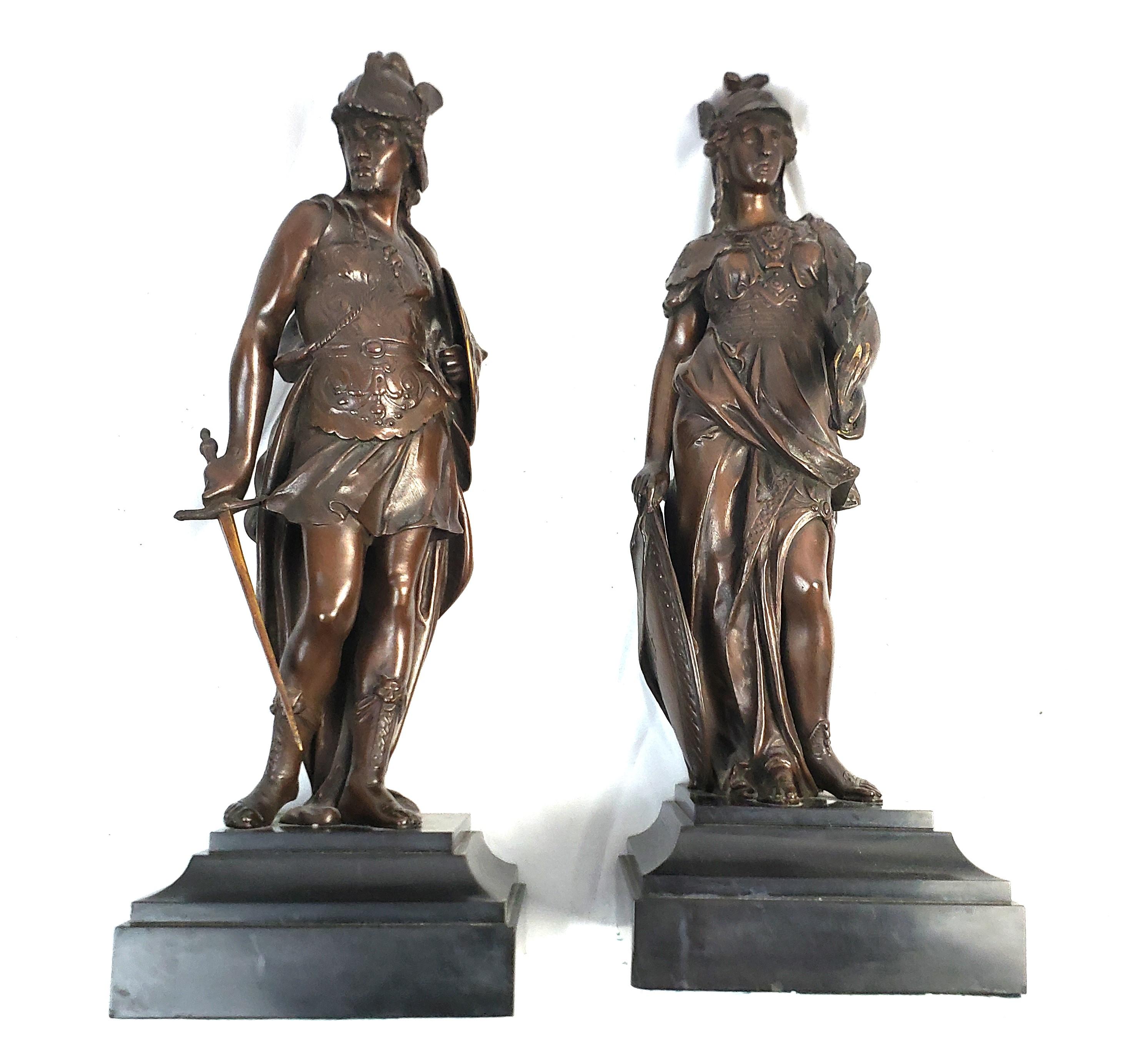 Pair of Antique French Bronze Figural Sculptures of Mars and Minerva For Sale 5