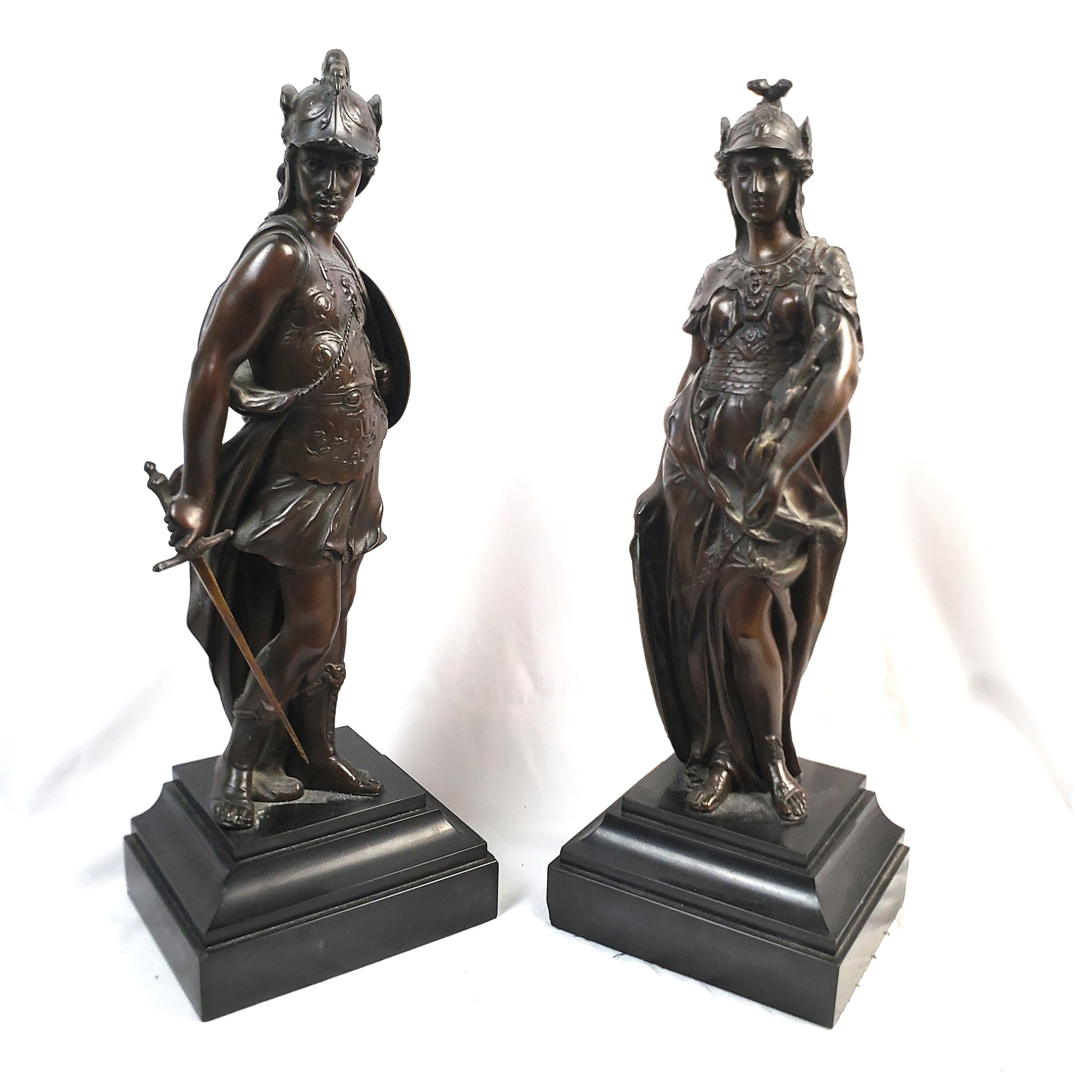 Renaissance Revival Pair of Antique French Bronze Figural Sculptures of Mars and Minerva For Sale