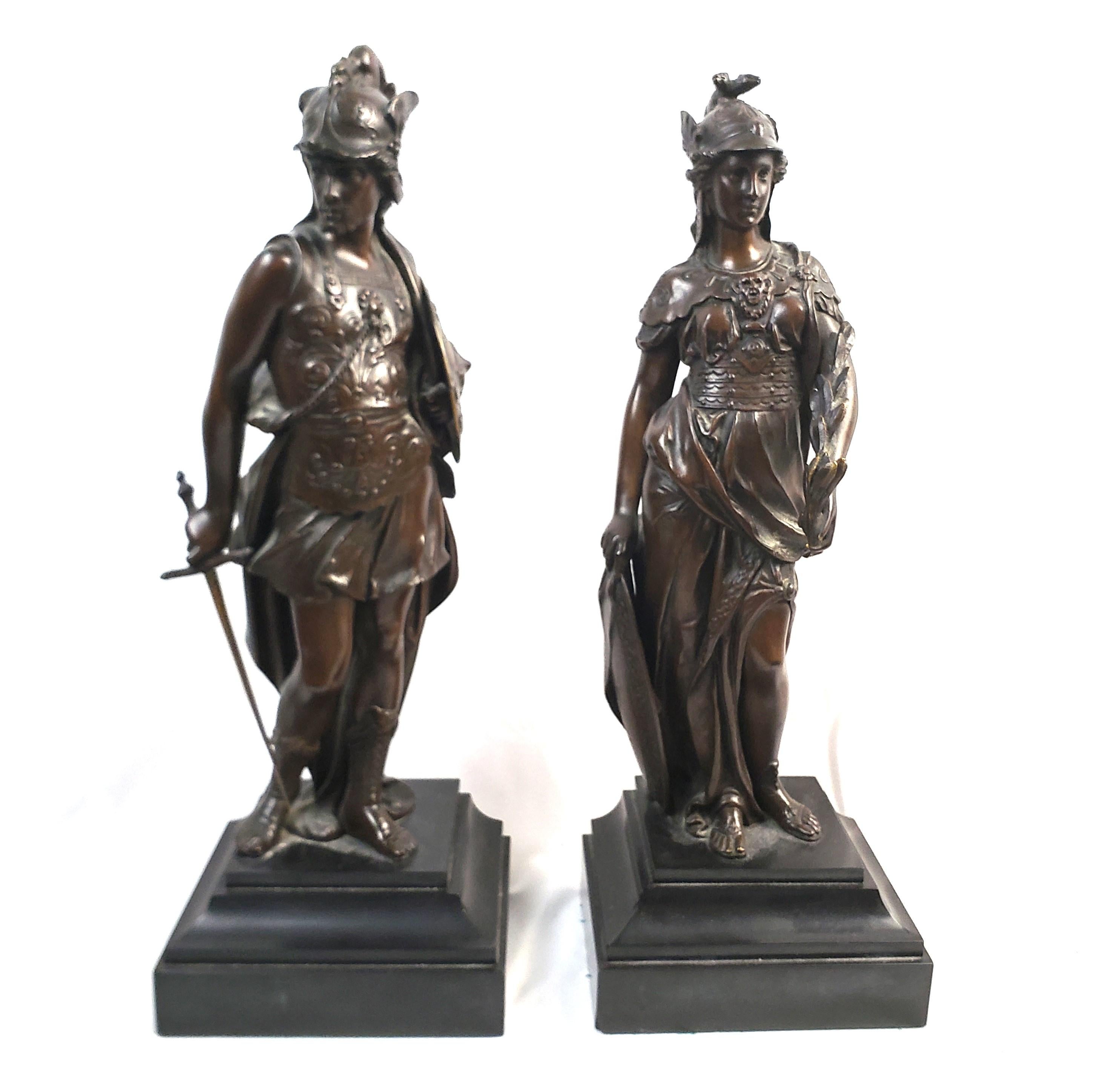 Cast Pair of Antique French Bronze Figural Sculptures of Mars and Minerva For Sale