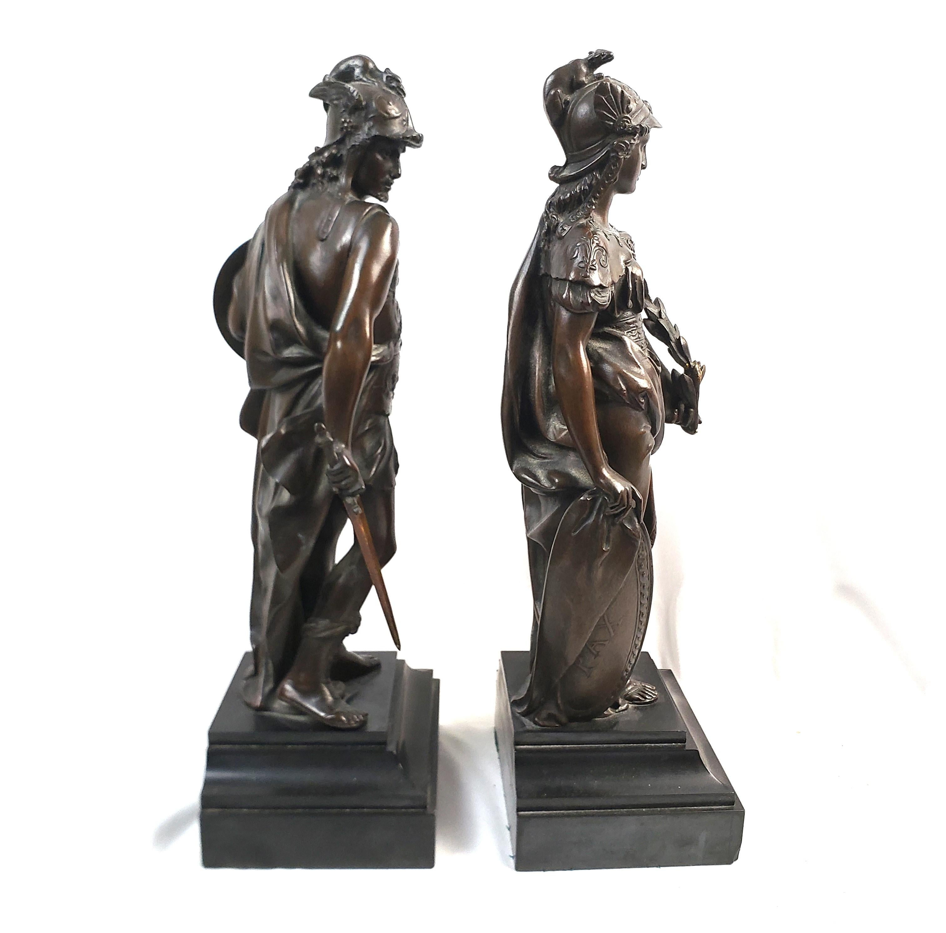 19th Century Pair of Antique French Bronze Figural Sculptures of Mars and Minerva For Sale