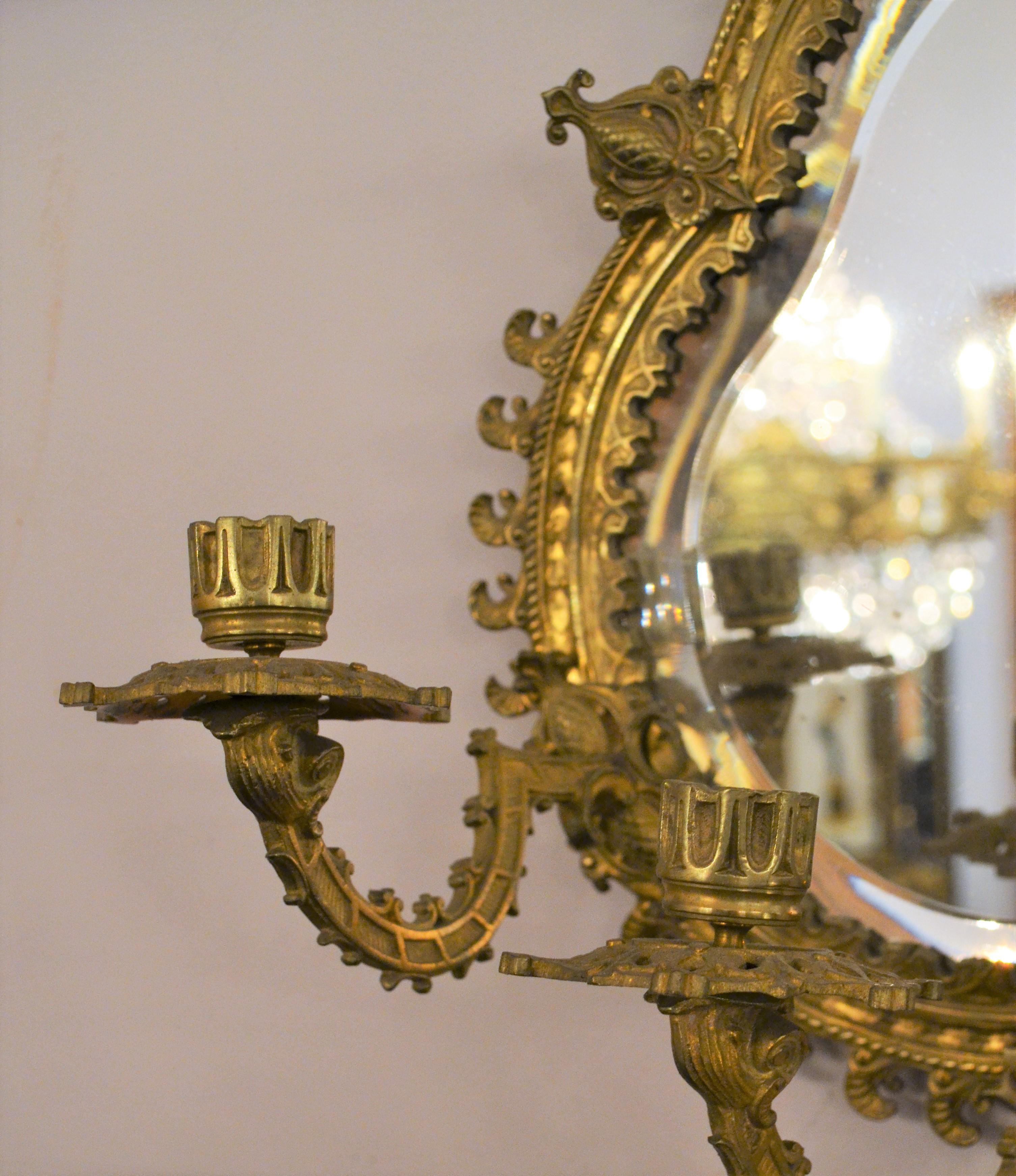 19th Century Pair of Antique French Bronze Mirrored Wall Sconces For Sale
