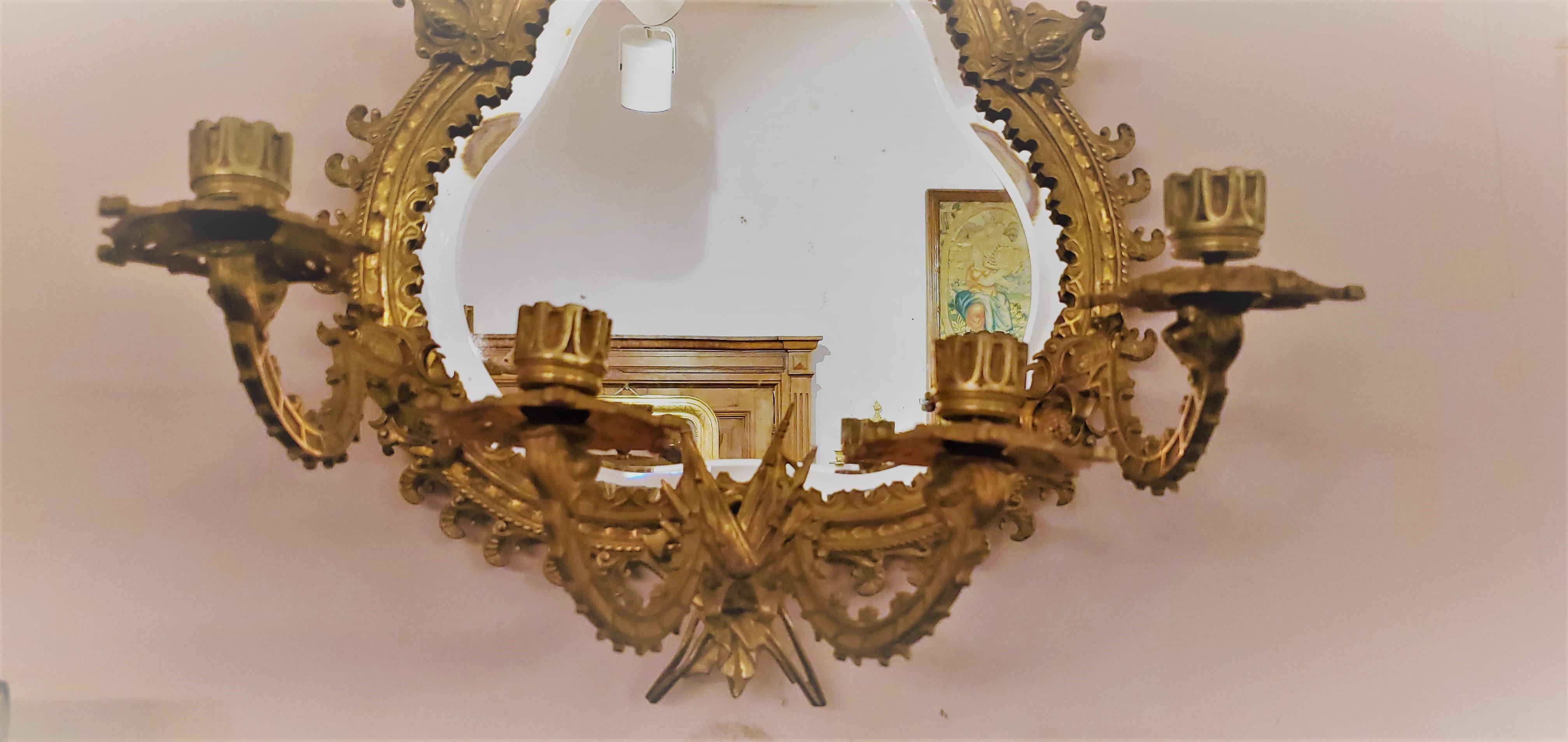 Pair of Antique French Bronze Mirrored Wall Sconces For Sale 1