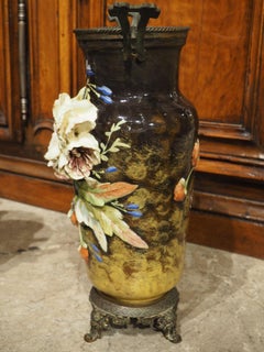 Pair of Antique French Bronze Mounted Gros Relief Barbotine Vases, Circa 1880