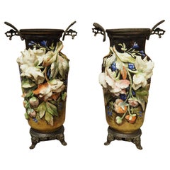 Pair of Antique French Bronze Mounted Gros Relief Barbotine Vases, Circa 1880