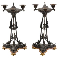 Pair of Antique French Bronze Pastille Burner Candelabra