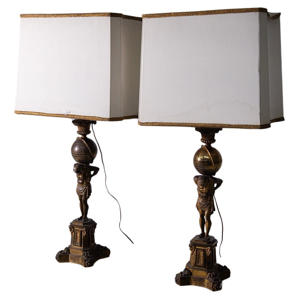 Pair of antique French bronze table lamps For Sale