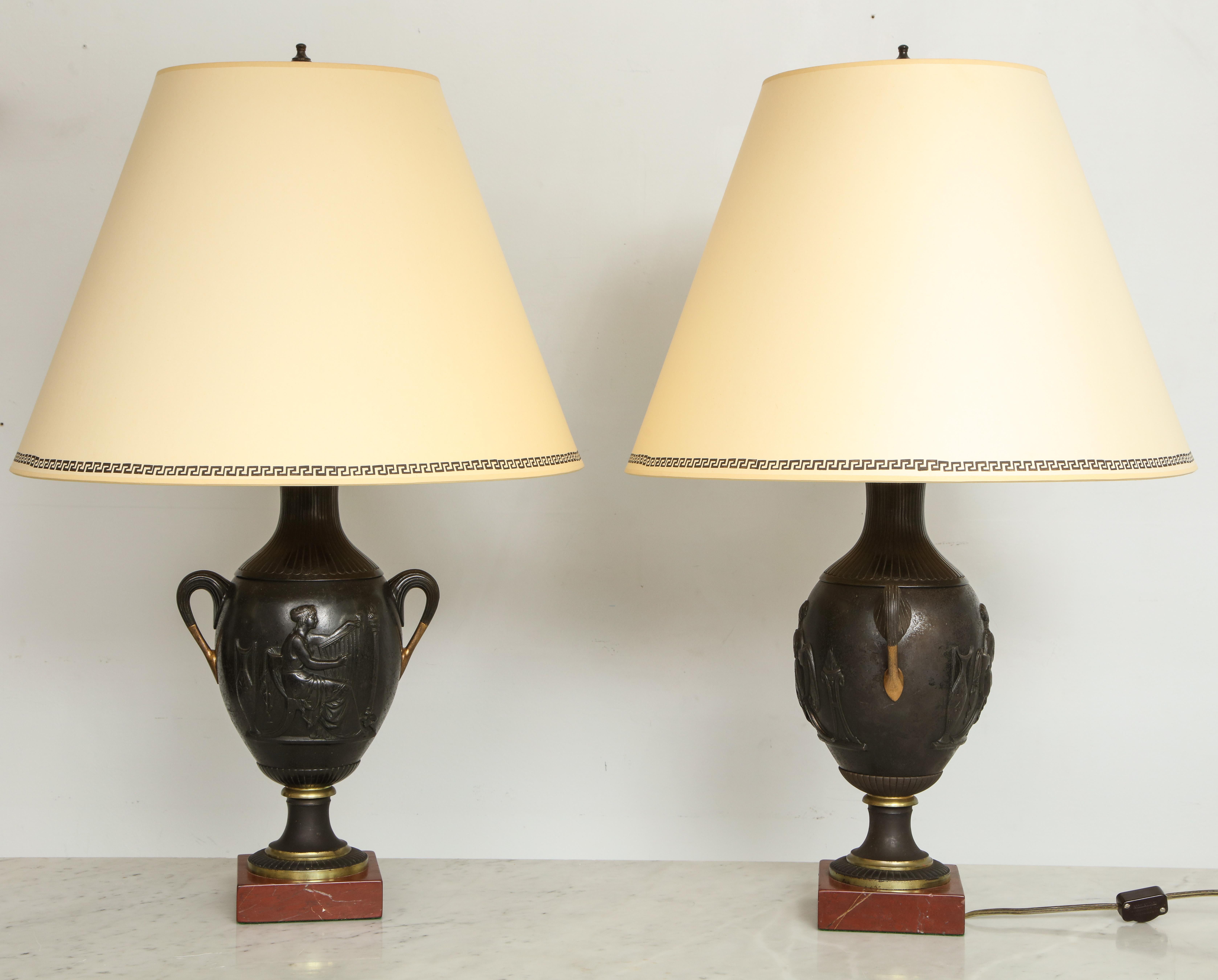 Pair of antique French bronze urn lamps in the neoclassic manner.
Please note the list price is for this set of 2 lamps. 