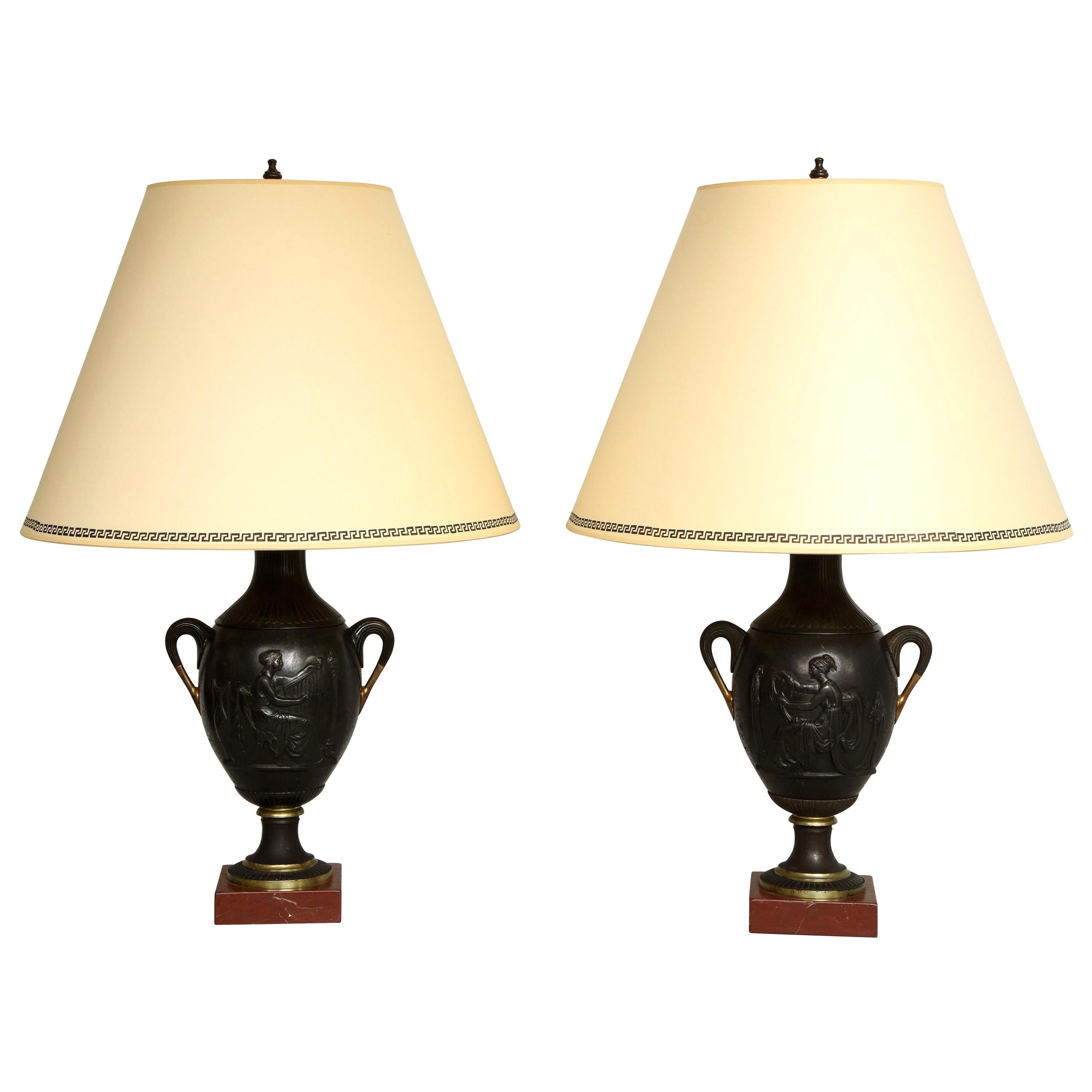 Pair of Antique French Bronze Urn Lamps in the Neoclassic Manner