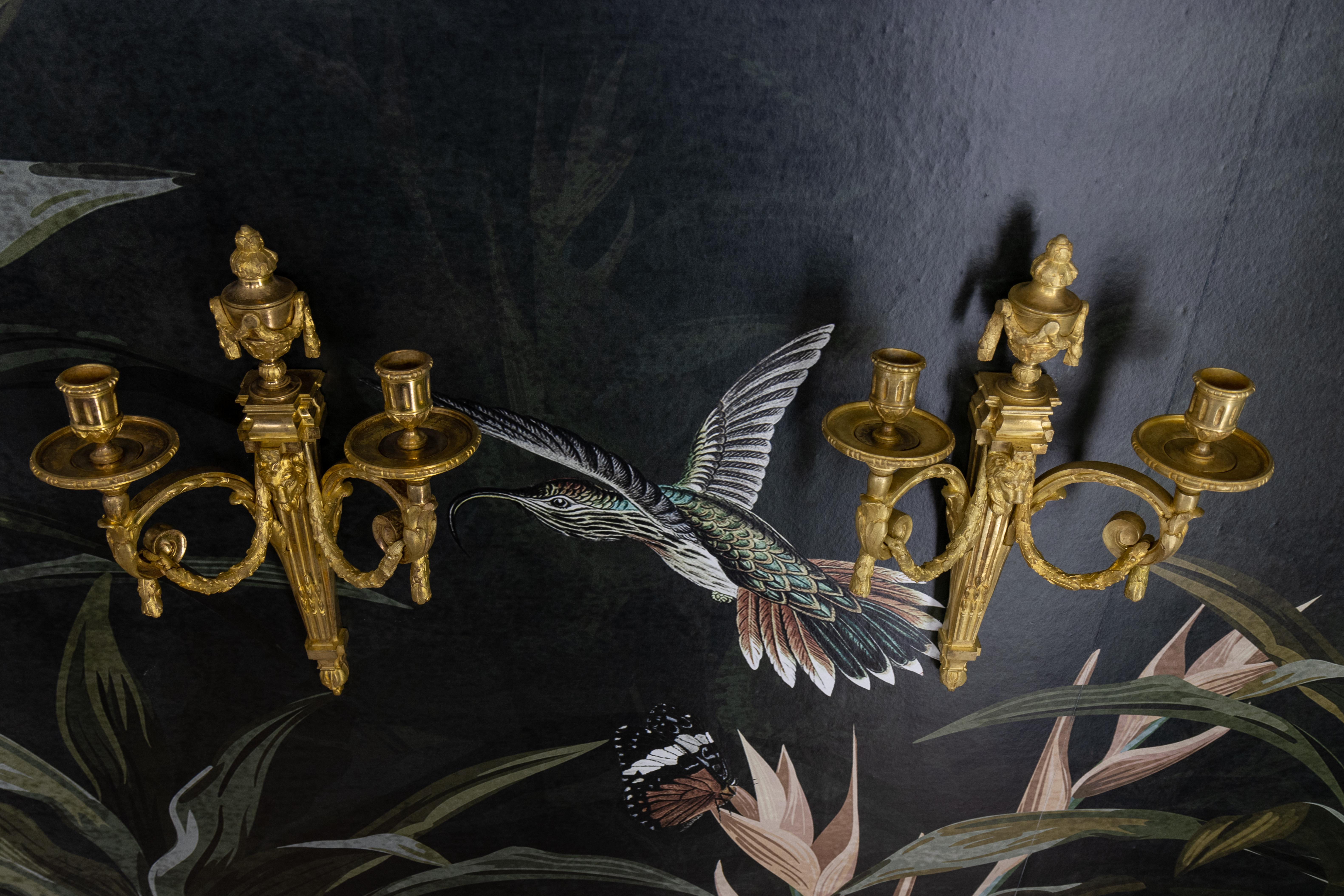 Bronzo Coppia di candelabri da parete in bronzo francese con teste di leone, 1890 ca. in vendita