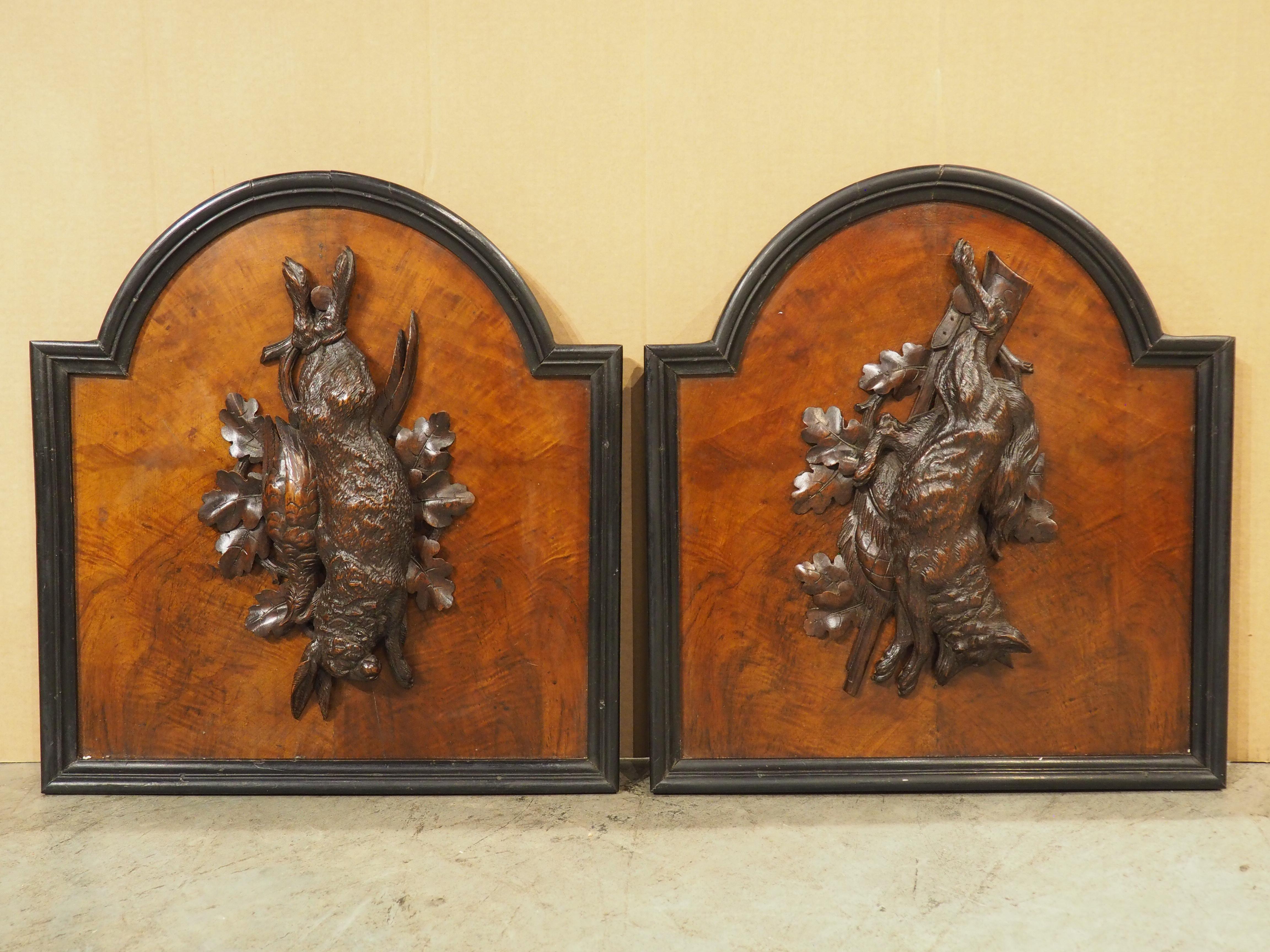 Pair of Antique French Burlwood Hunt Plaques, Early 1900s For Sale 8