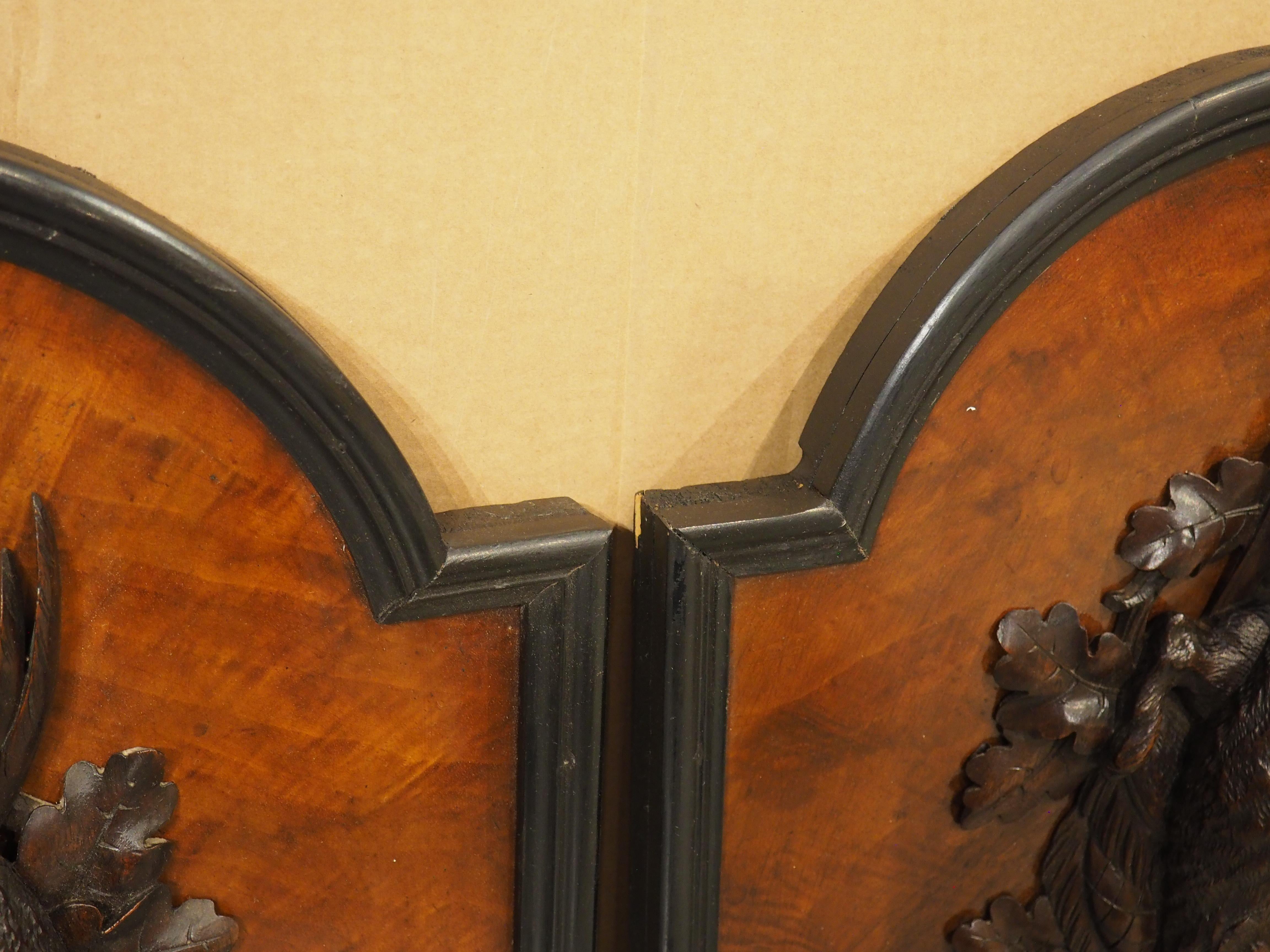 Hand-Carved Pair of Antique French Burlwood Hunt Plaques, Early 1900s For Sale