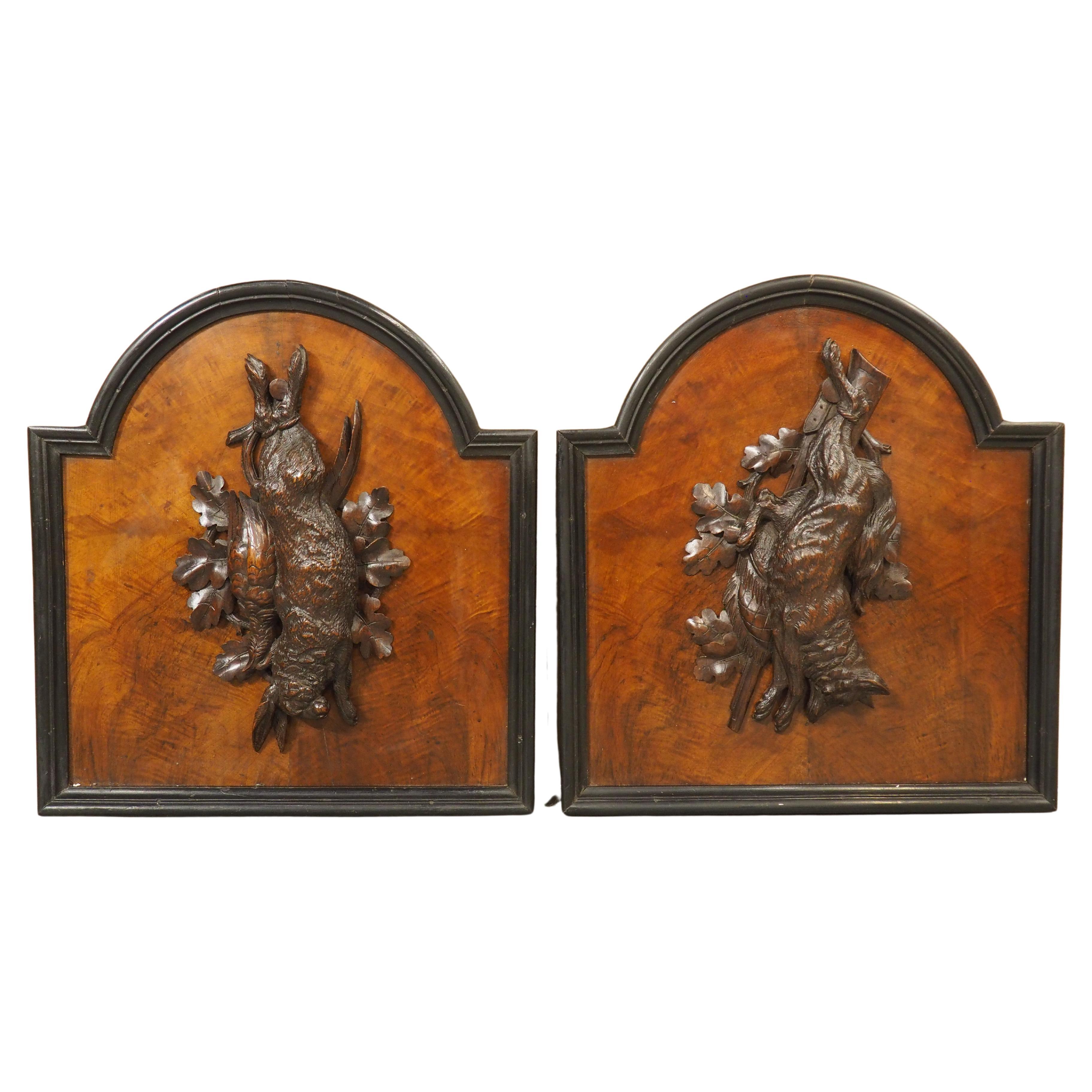 Pair of Antique French Burlwood Hunt Plaques, Early 1900s For Sale