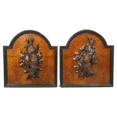 Pair of Antique French Burlwood Hunt Plaques, Early 1900s