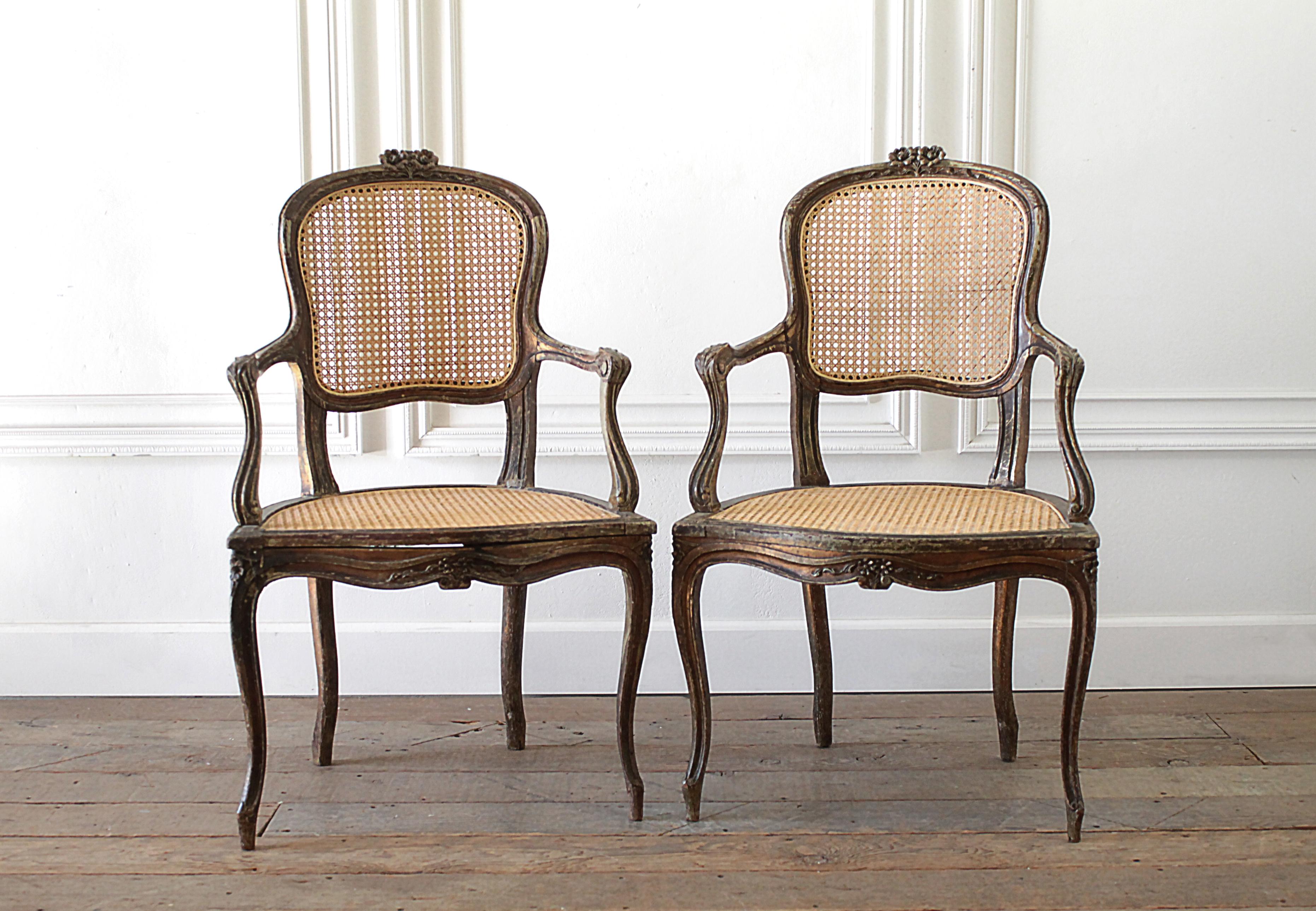 Pair of Antique French Cane Back Open Armchairs with Custom Linen Cushions 8