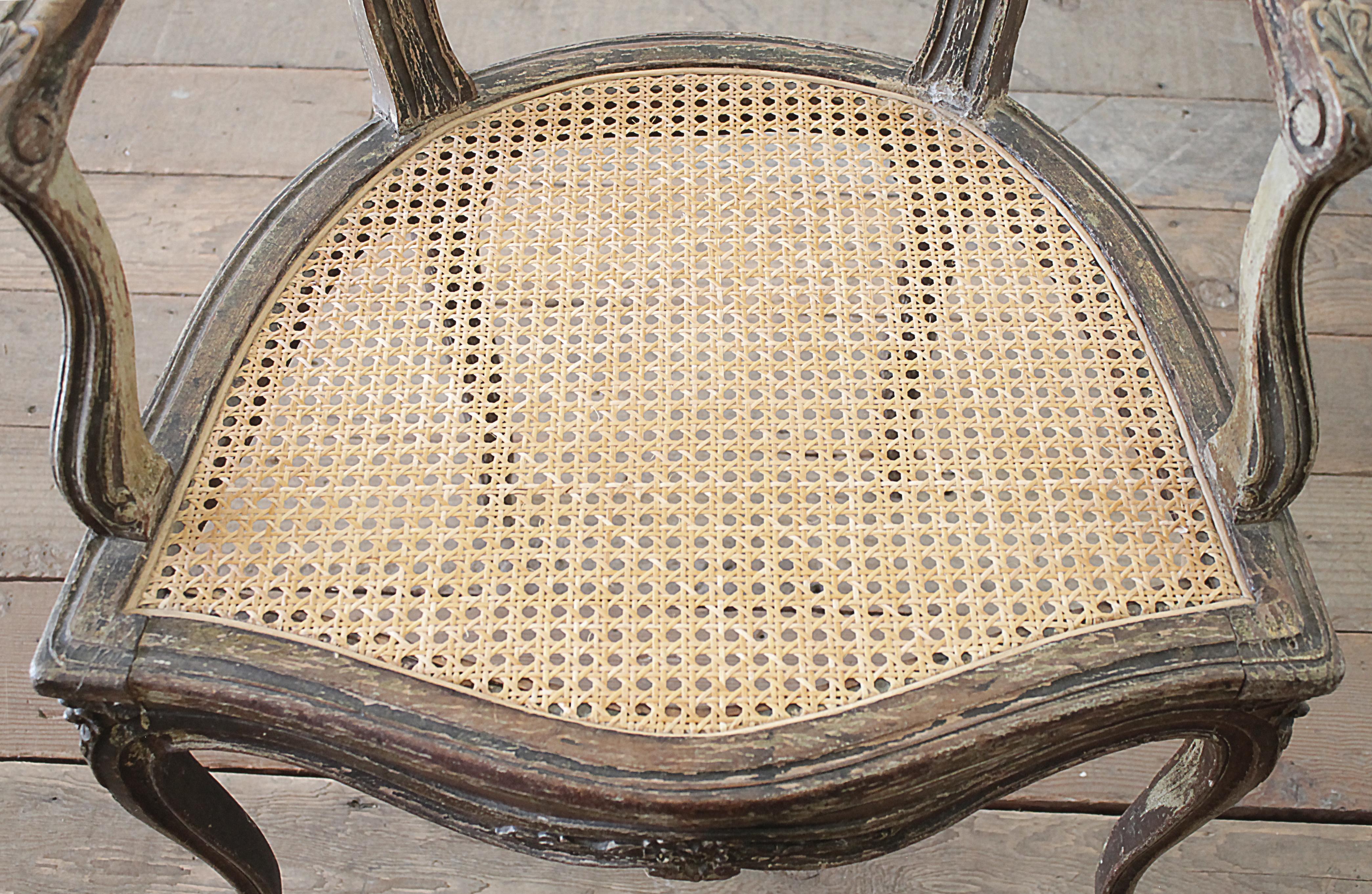 Pair of Antique French Cane Back Open Armchairs with Custom Linen Cushions 9