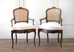 Pair of Antique French Cane Back Open Armchairs with Custom Linen Cushions