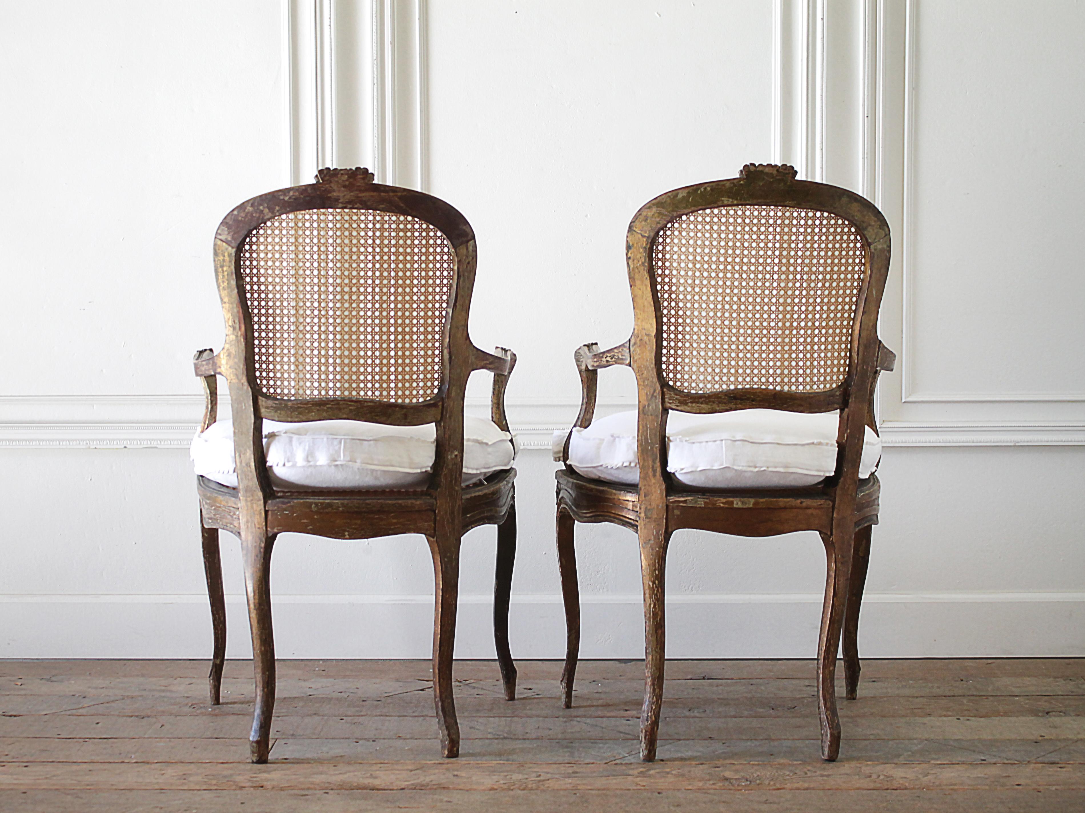 Louis XV Pair of Antique French Cane Back Open Armchairs with Custom Linen Cushions