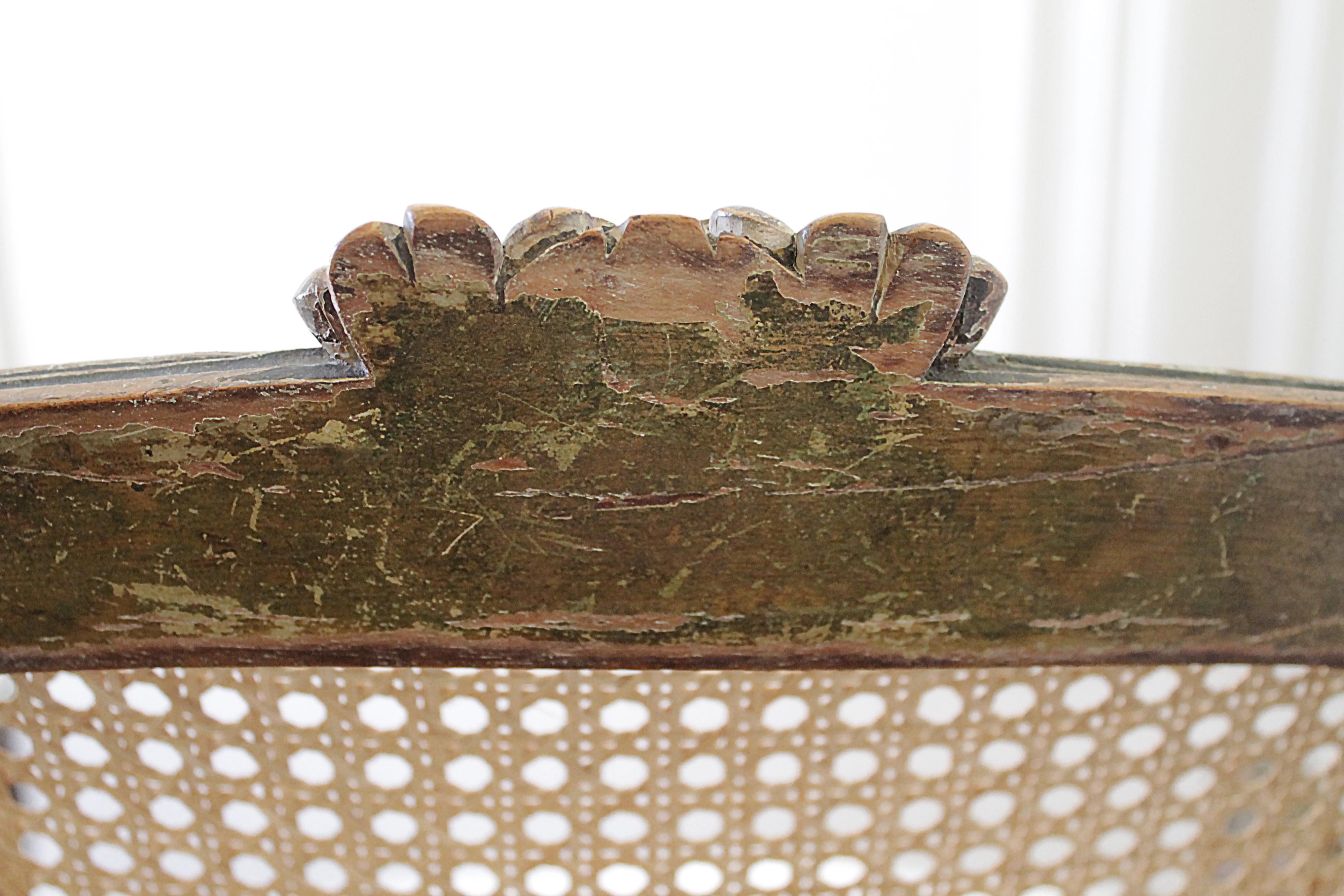 Pair of Antique French Cane Back Open Armchairs with Custom Linen Cushions In Good Condition In Old Town Orange, CA