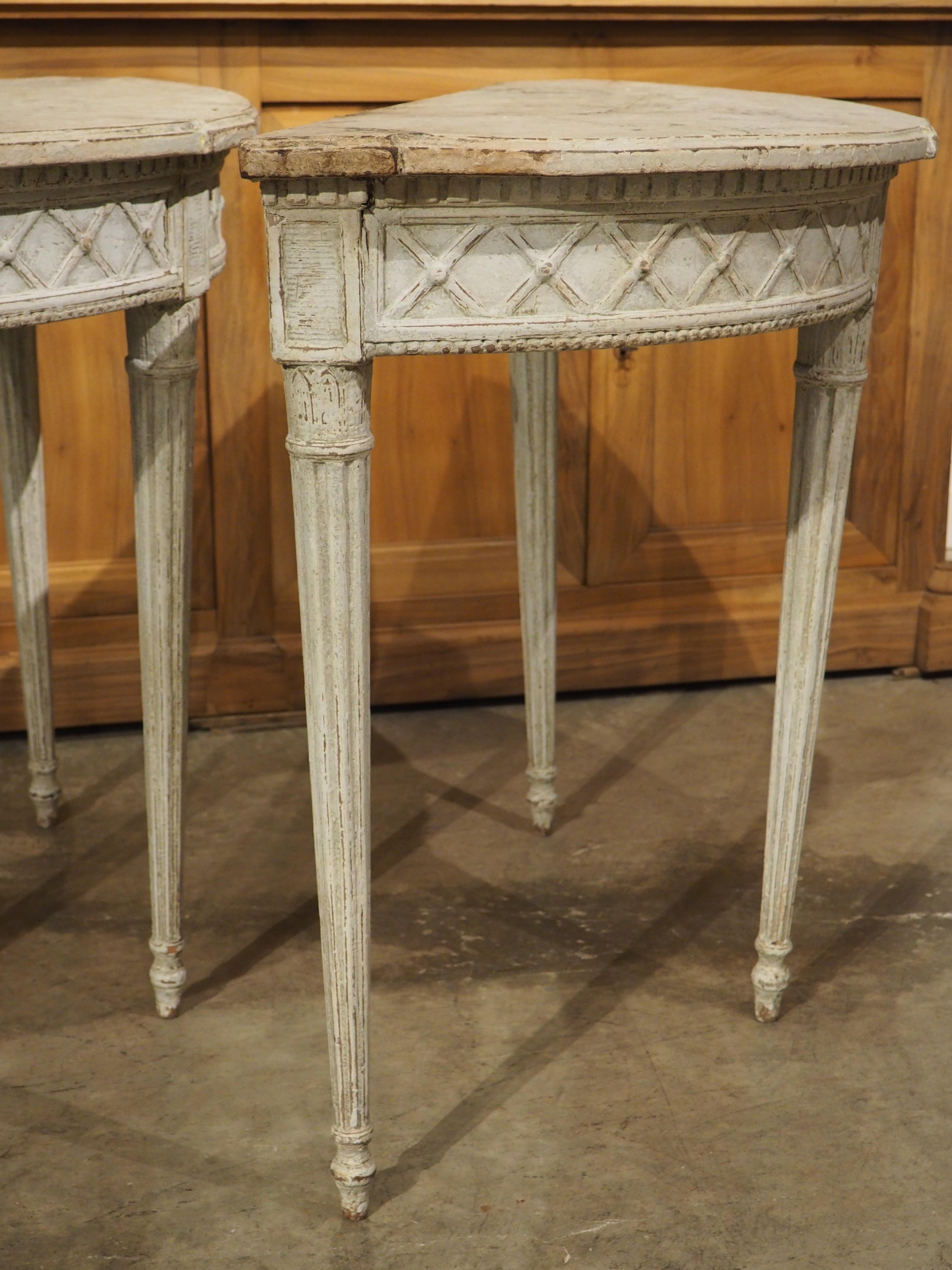 Pair of Antique French Carved and Painted Louis XVI Demi-Lune Tables, Circa 1880 6