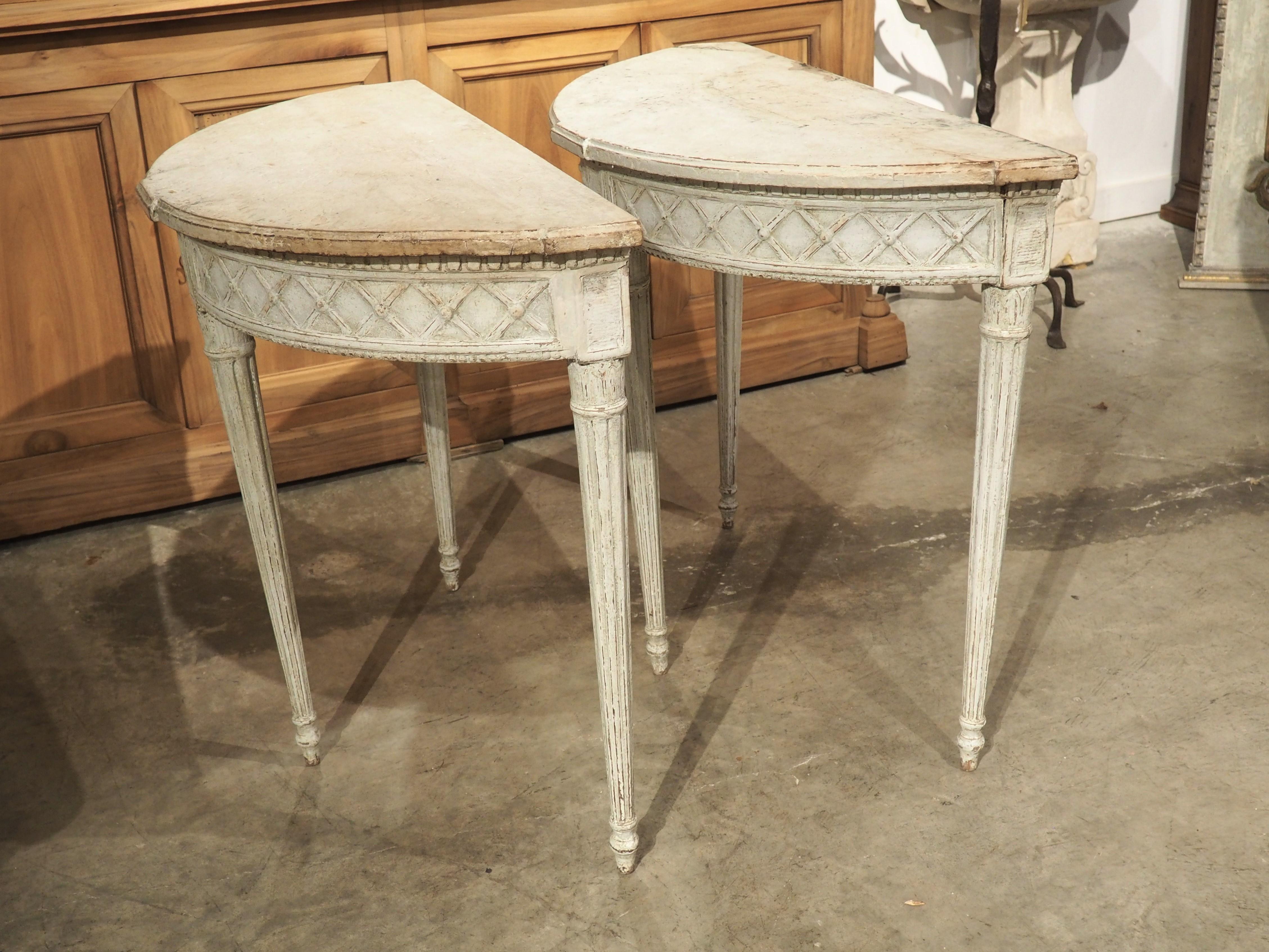 Pair of Antique French Carved and Painted Louis XVI Demi-Lune Tables, Circa 1880 9